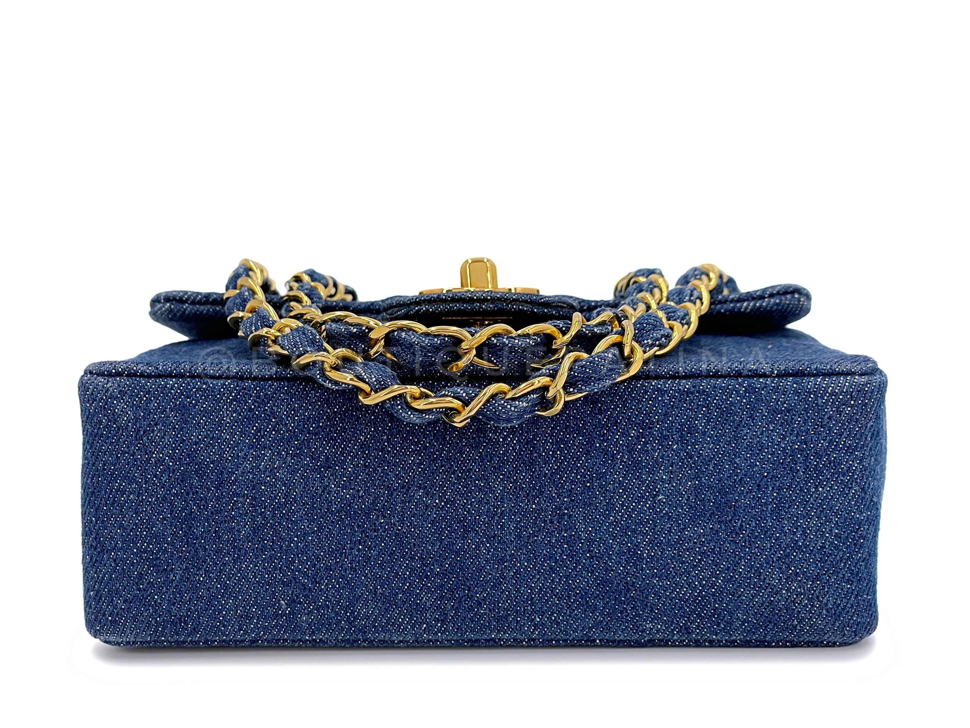 Chanel 1990 Vintage Dark Blue Denim Square Mini Flap Bag 24k GHW