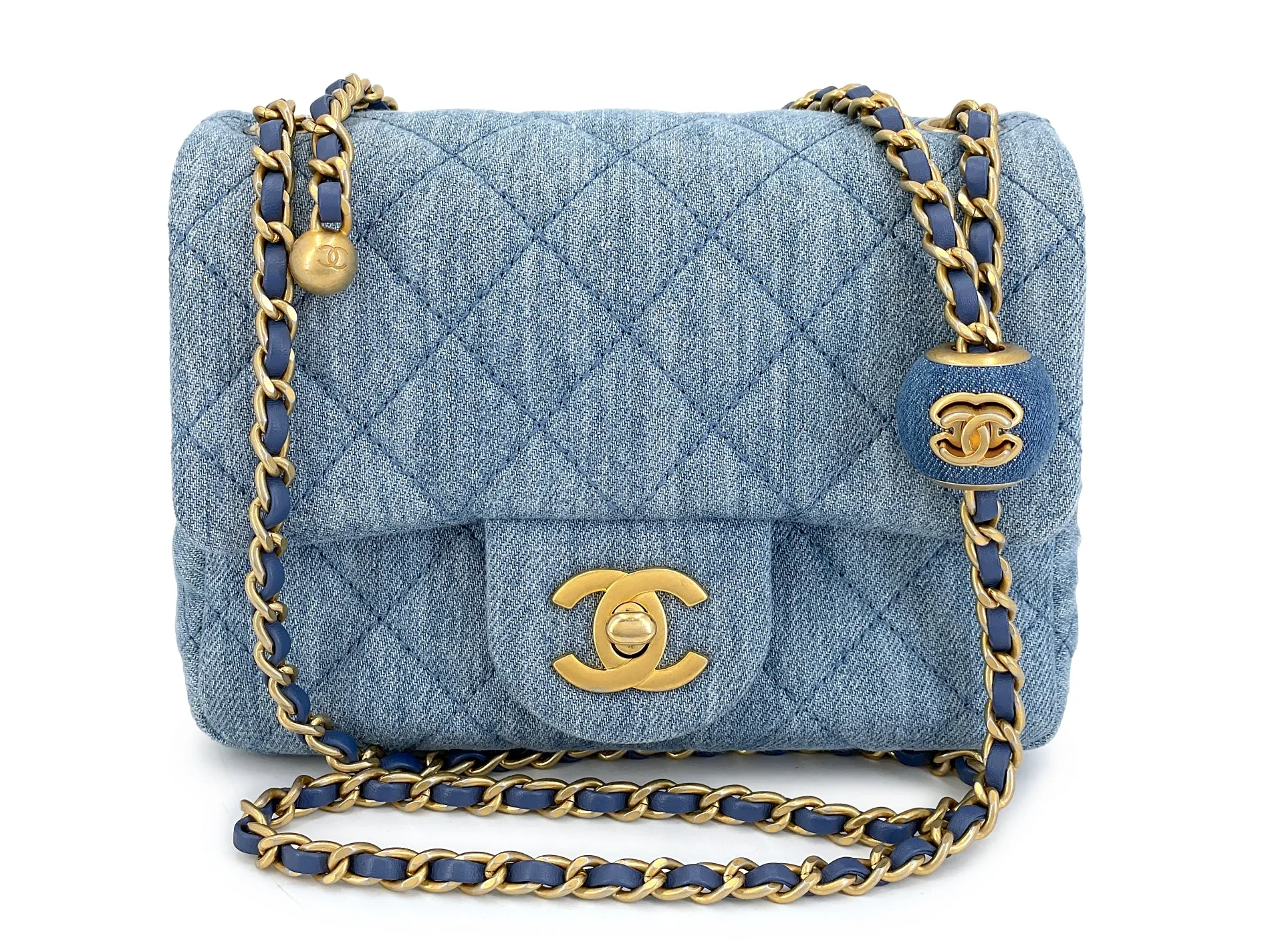 Chanel 22C Blue Denim Pearl Crush Square Mini Flap Bag GHW 93E