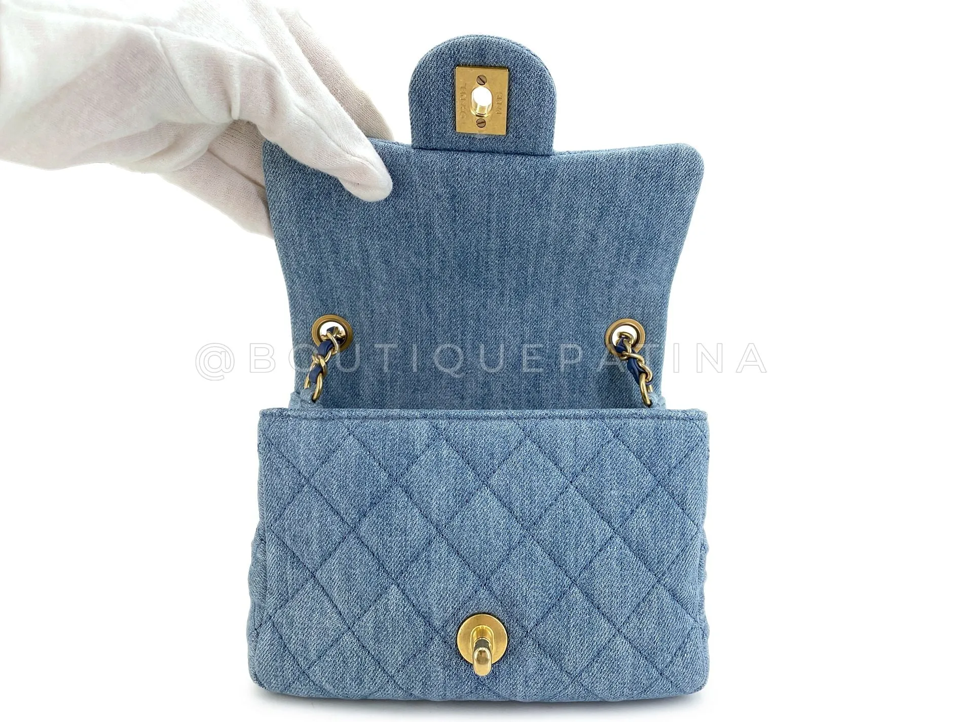 Chanel 22C Blue Denim Pearl Crush Square Mini Flap Bag GHW 93E