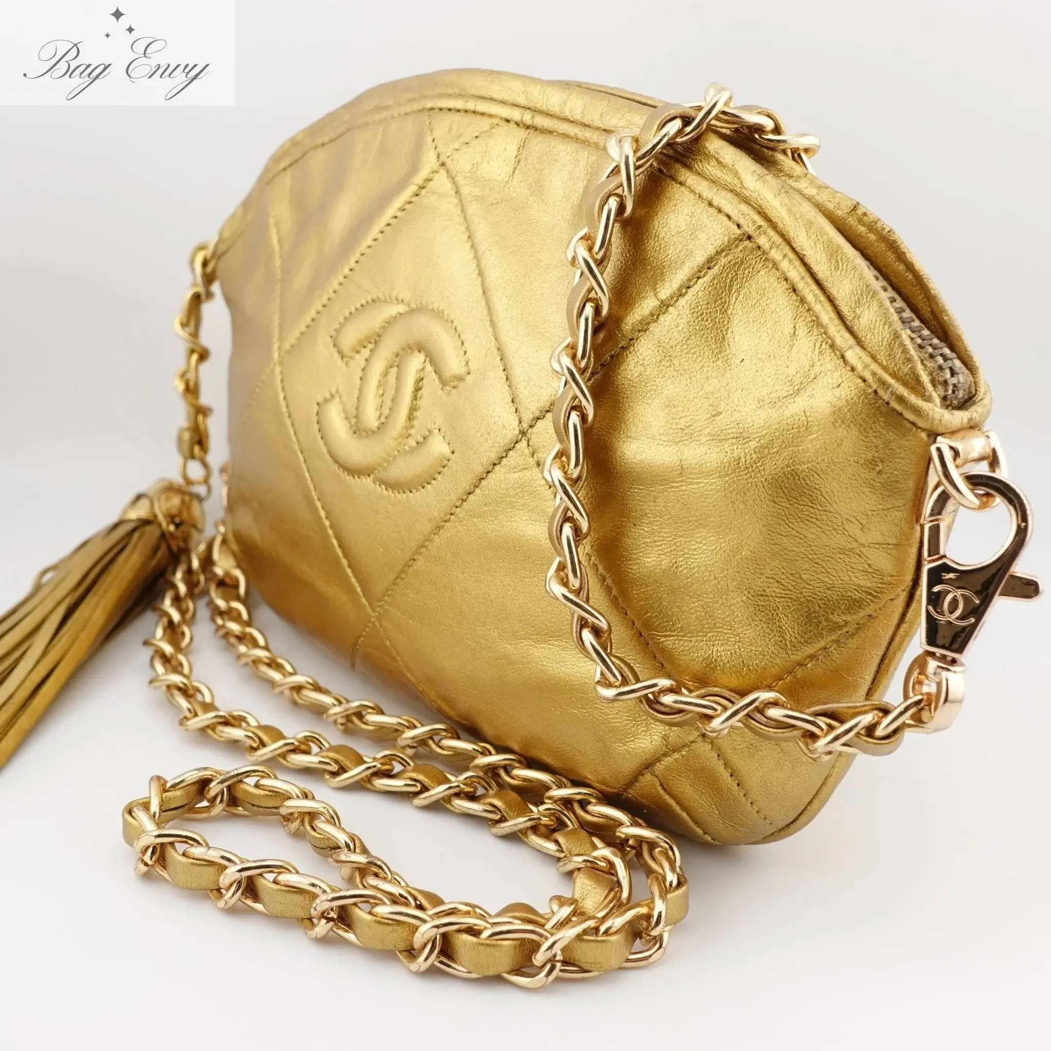 CHANEL Lambskin CC in Diamonds Tassel Clutch on Chain