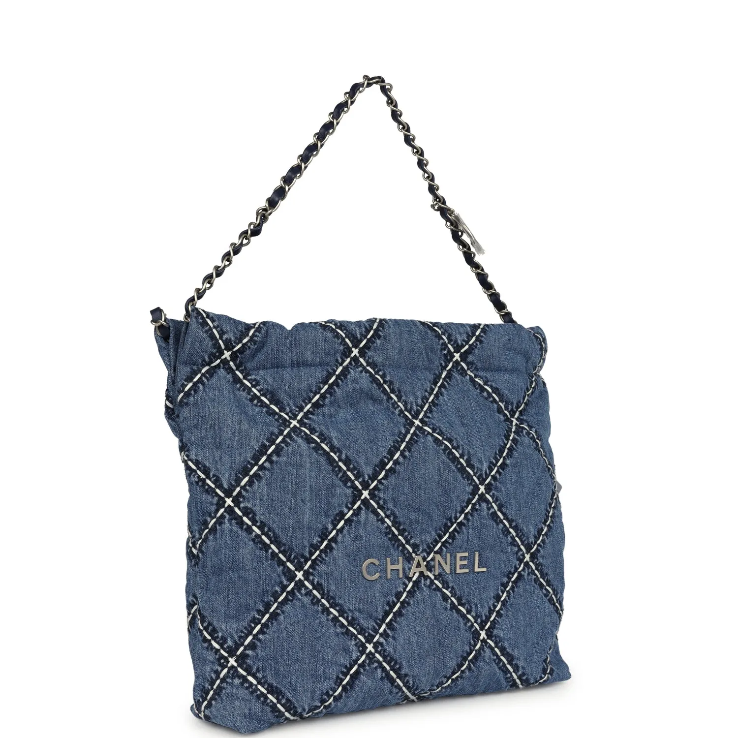 Chanel Small 22 Bag Blue Stitched Denim Silver Hardware