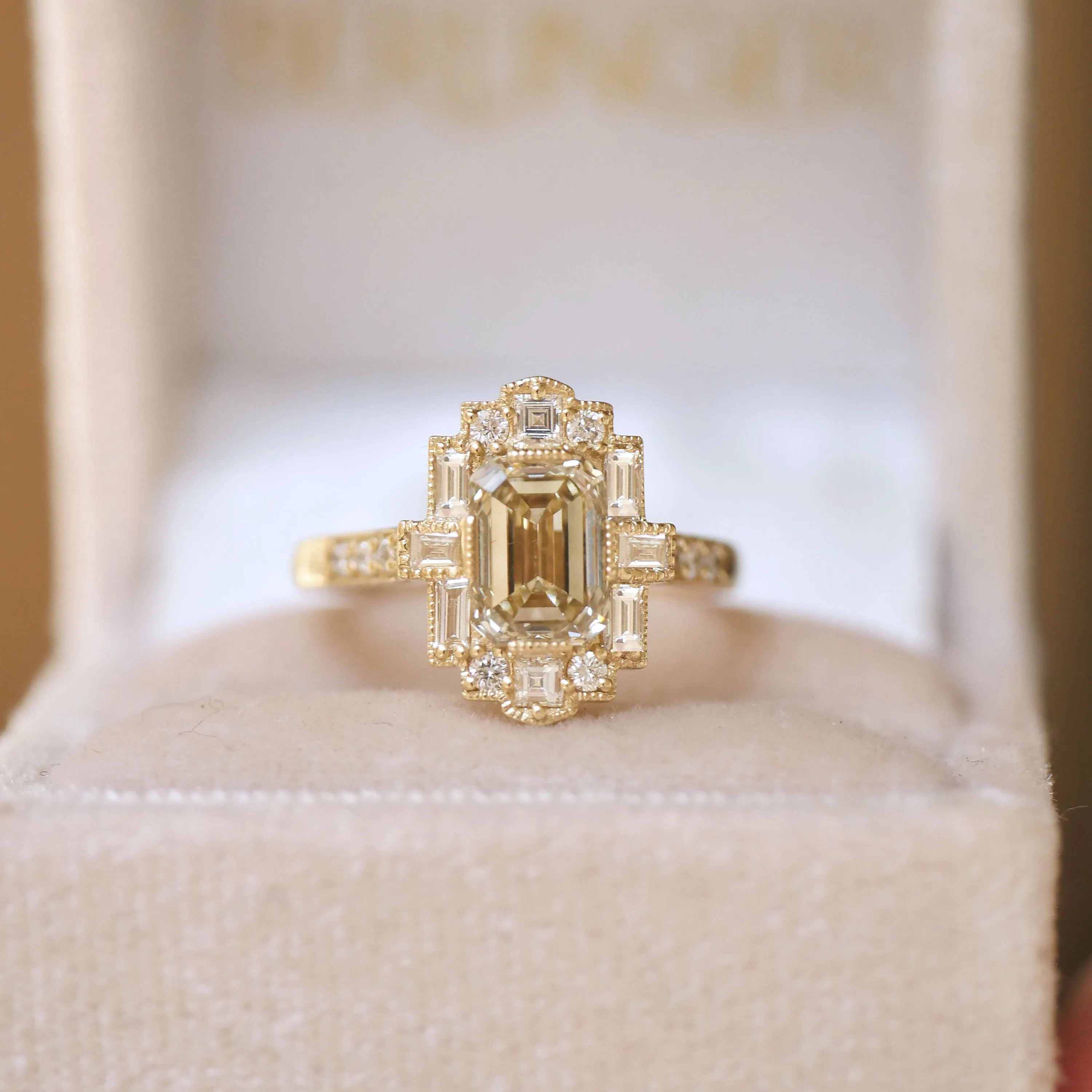 Deco Emerald Cut Champagne Diamond Mosaic Ring