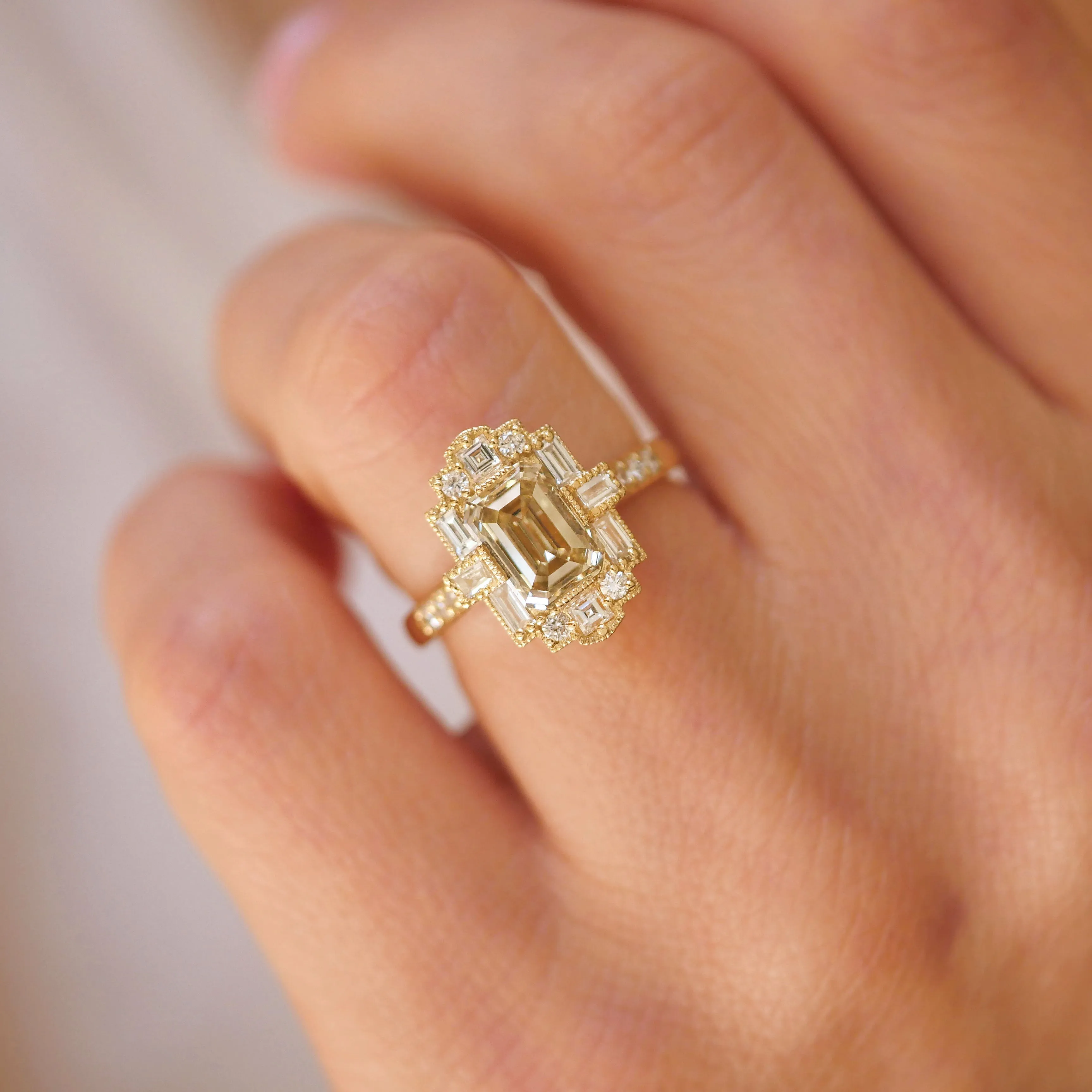 Deco Emerald Cut Champagne Diamond Mosaic Ring