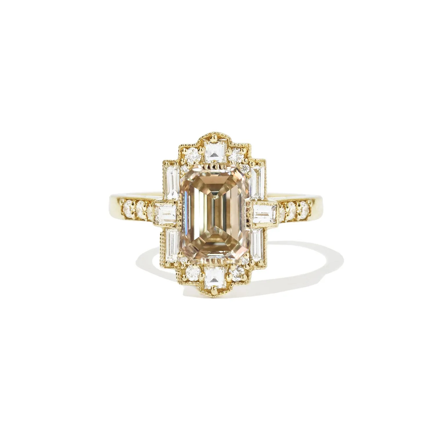 Deco Emerald Cut Champagne Diamond Mosaic Ring