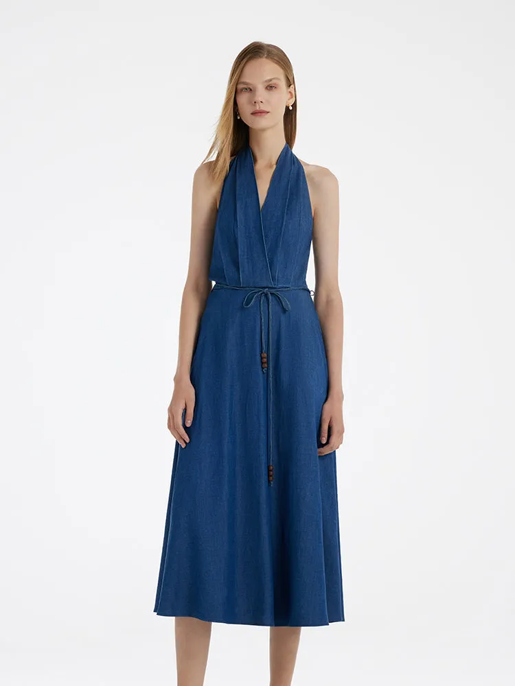 Denim Halter Women Midi Dress With Rope Belt