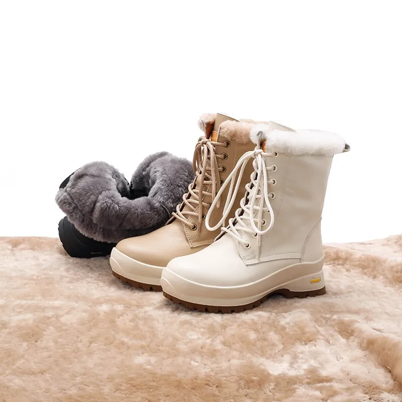 Designer Women Leather Chunky Snow Boots With Shearling Lined in Apricot/Beige/Black