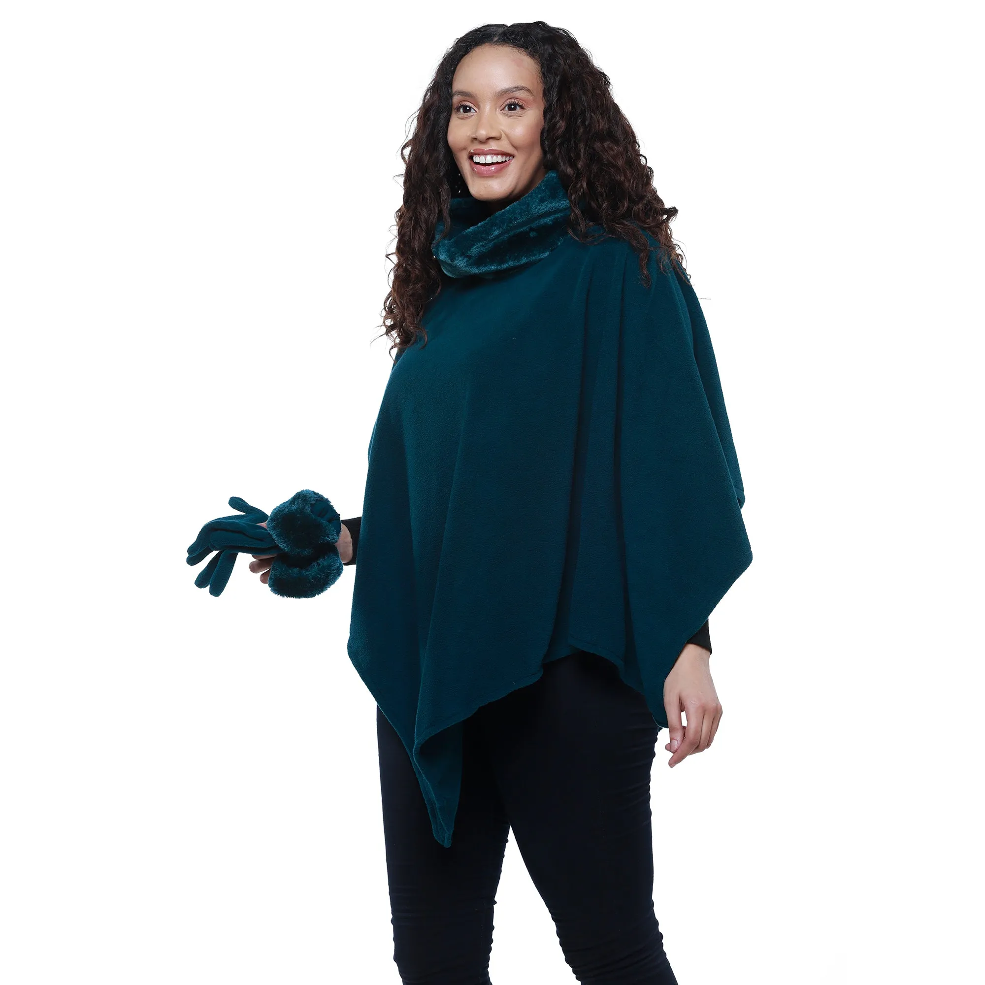 Donna Cozy Coat Fleece Poncho and Gloves Set with Faux Fur Trim