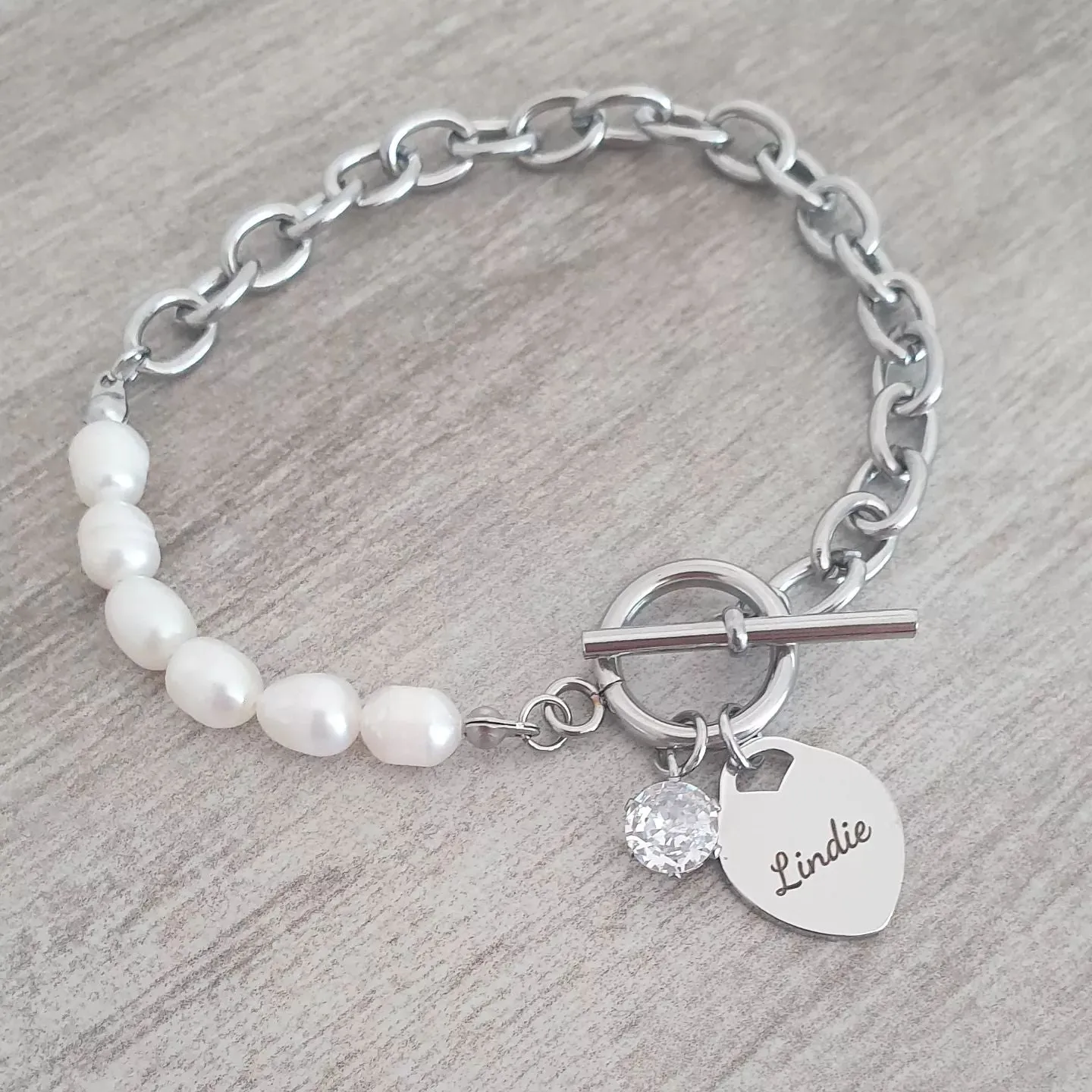 Donna Personalized Stainless Steel CZ Pearl bracelet, Size: 175mm (READY IN 3 DAYS!)