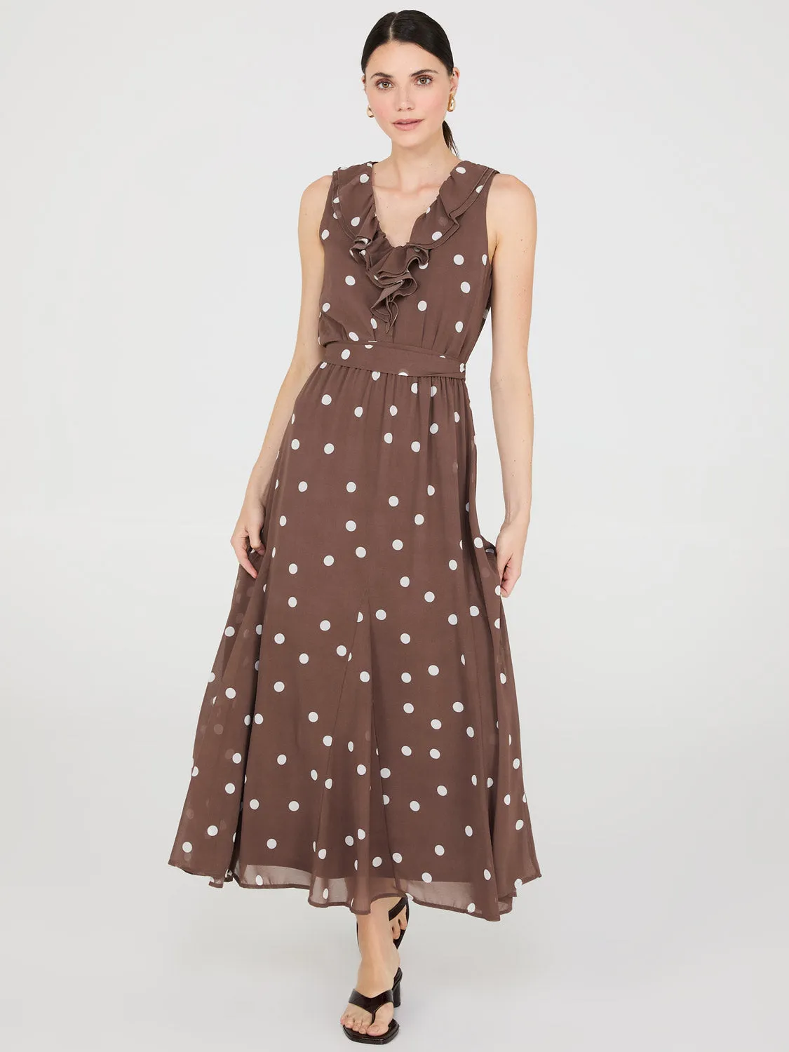 Dot Print Maxi Dress With Ruffle Details