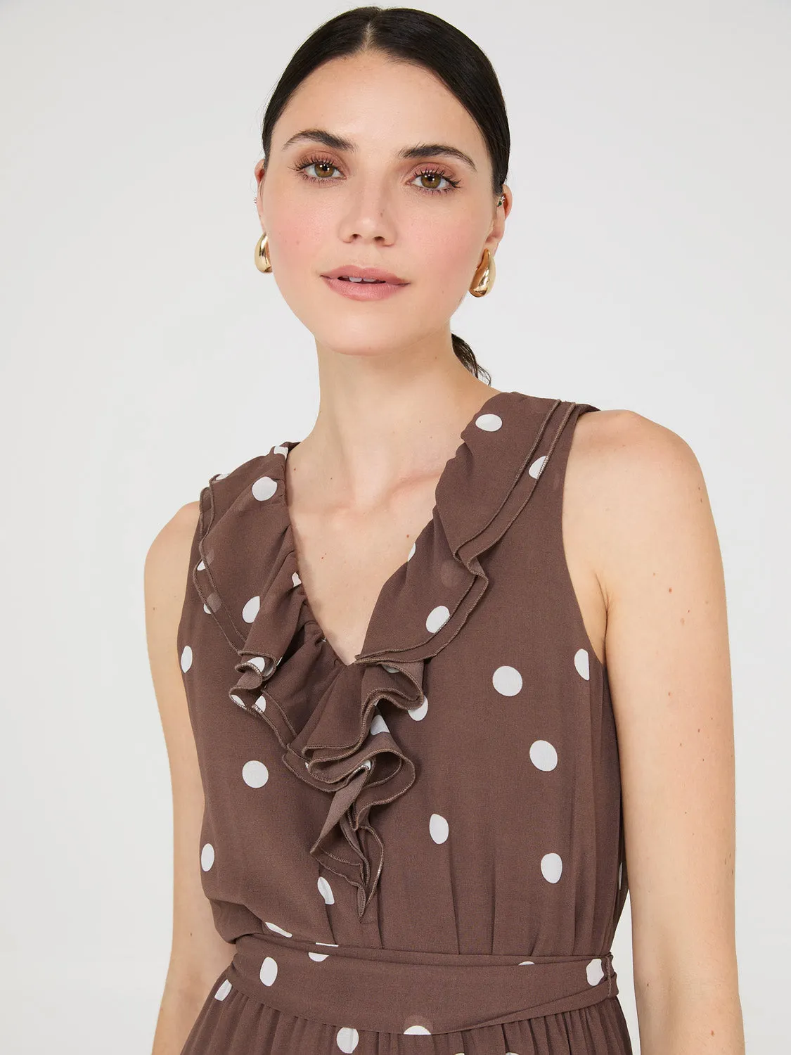 Dot Print Maxi Dress With Ruffle Details