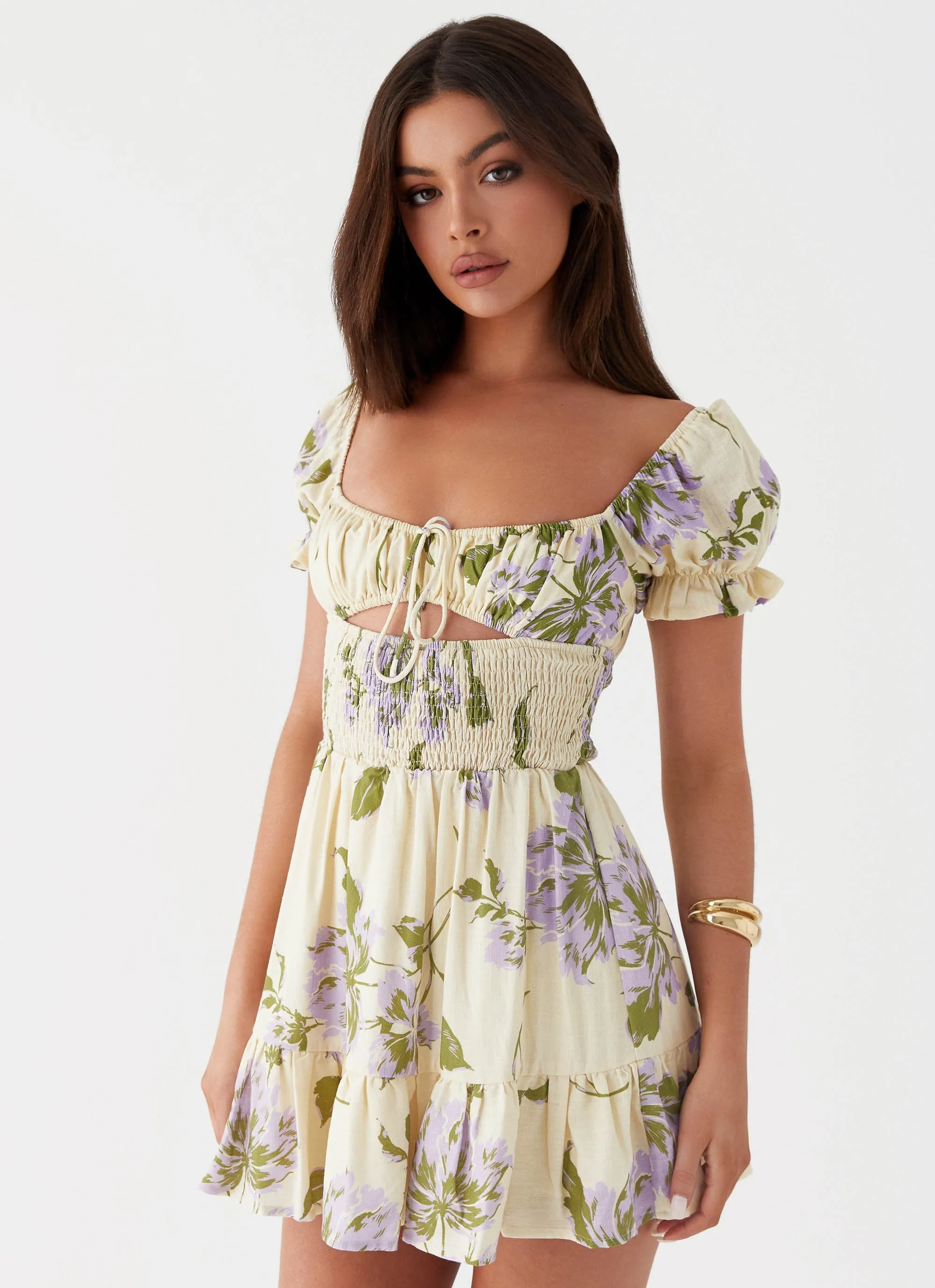 Every Reason Linen Mini Dress - Yellow Purple Floral