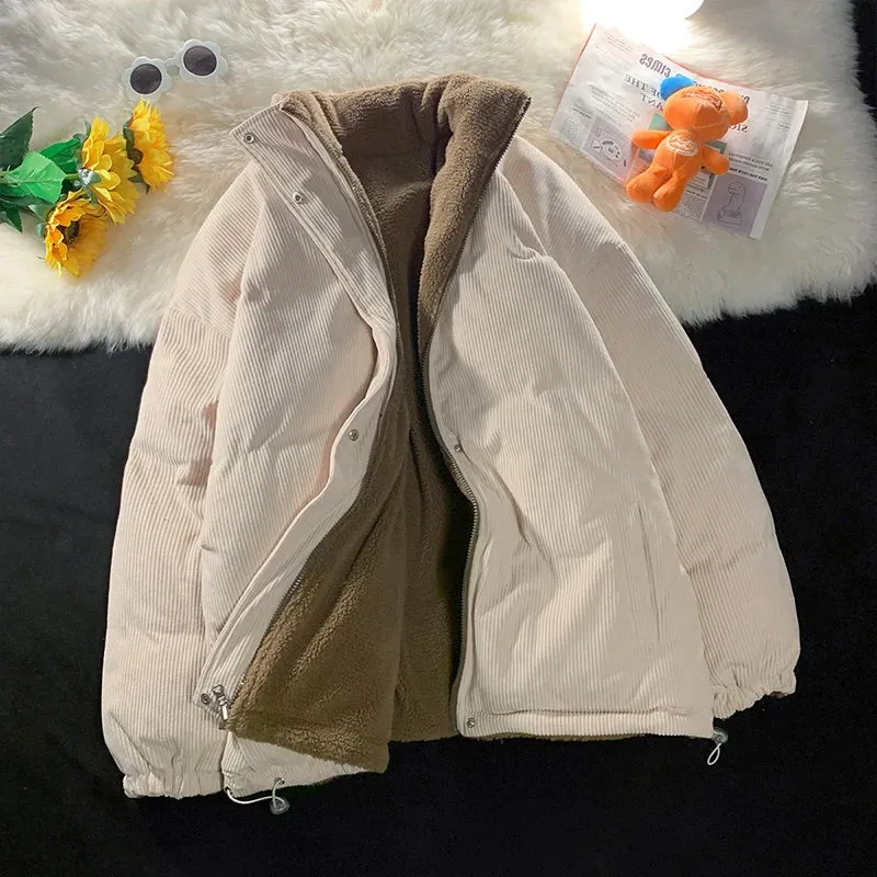 Getadme Corduroy Wear Cashmere Coat On Both Sides Women's Autumn And Winter Loose Plush Thickened Cotton Padded Jacket