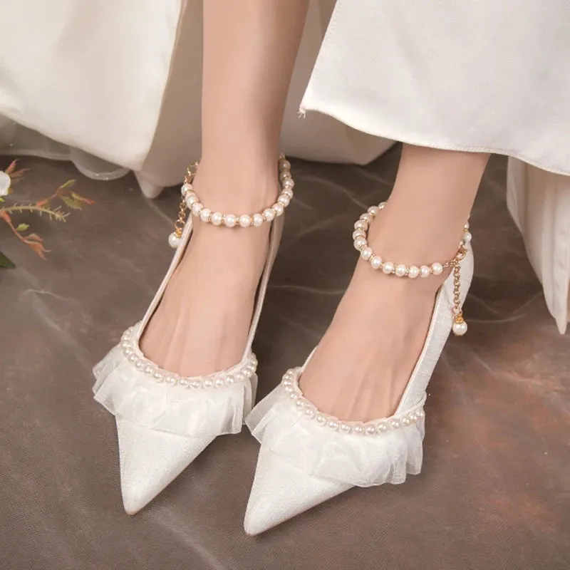 Hnzxzm Pearl Ankle Strap Thin Heel Pumps Women Sexy Lace String Bead Party Wedding Shoes Woman Autumn Pointed Toe High Heels Pumps