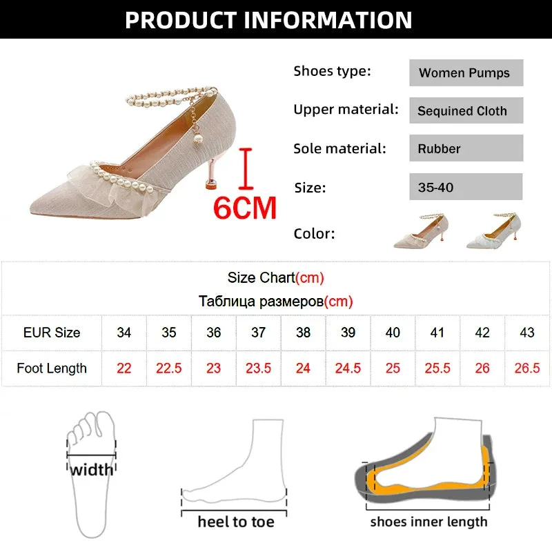 Hnzxzm Pearl Ankle Strap Thin Heel Pumps Women Sexy Lace String Bead Party Wedding Shoes Woman Autumn Pointed Toe High Heels Pumps