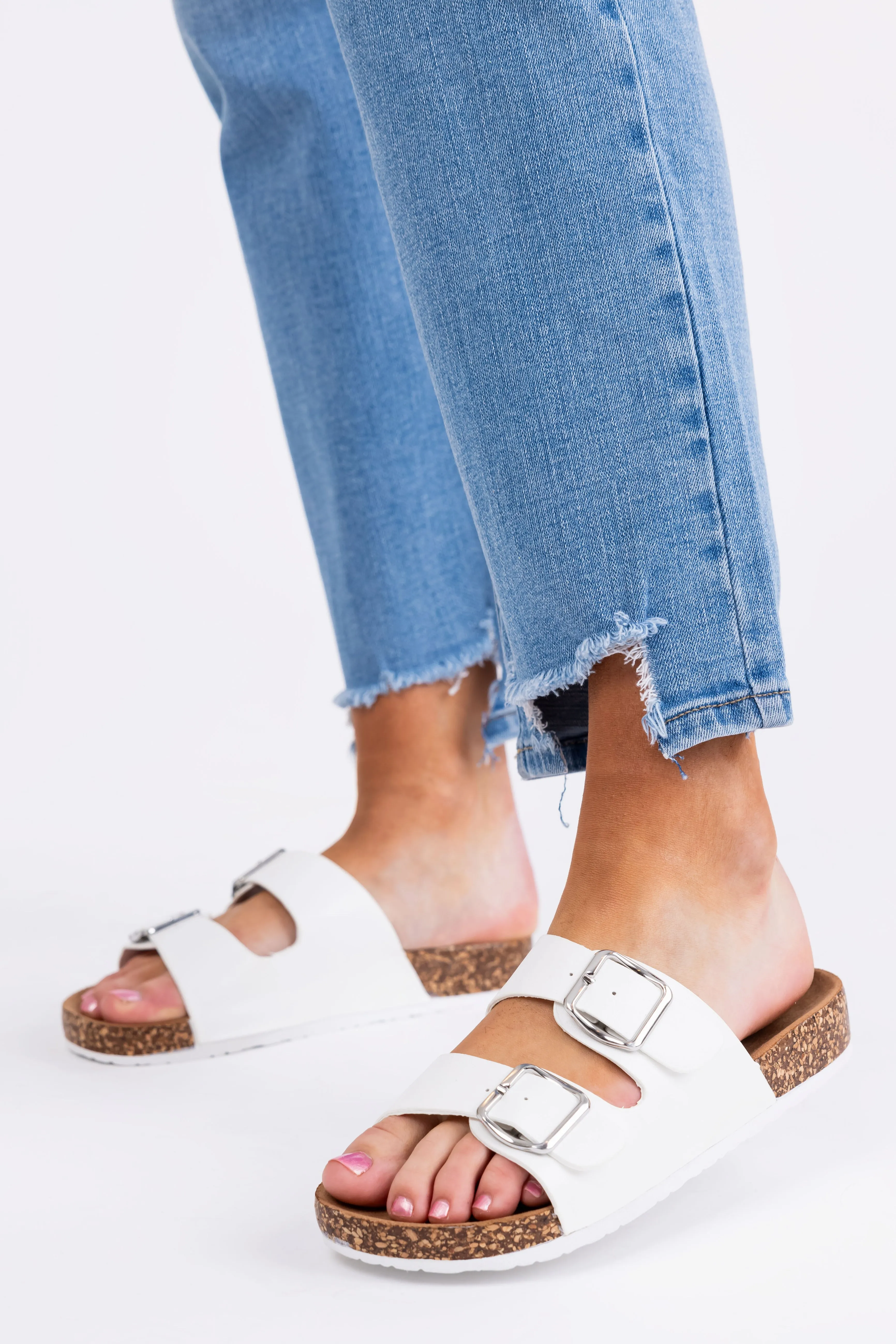 Ivory Double Buckle Slide On Sandals