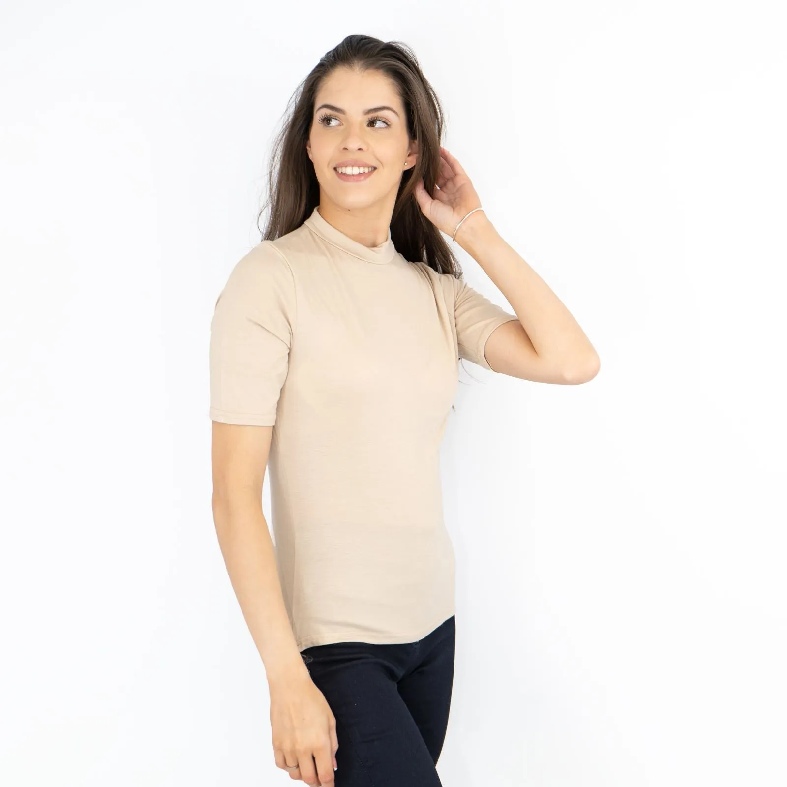 Karen Millen Beige Short Sleeve Jersey Funnel Neck Top