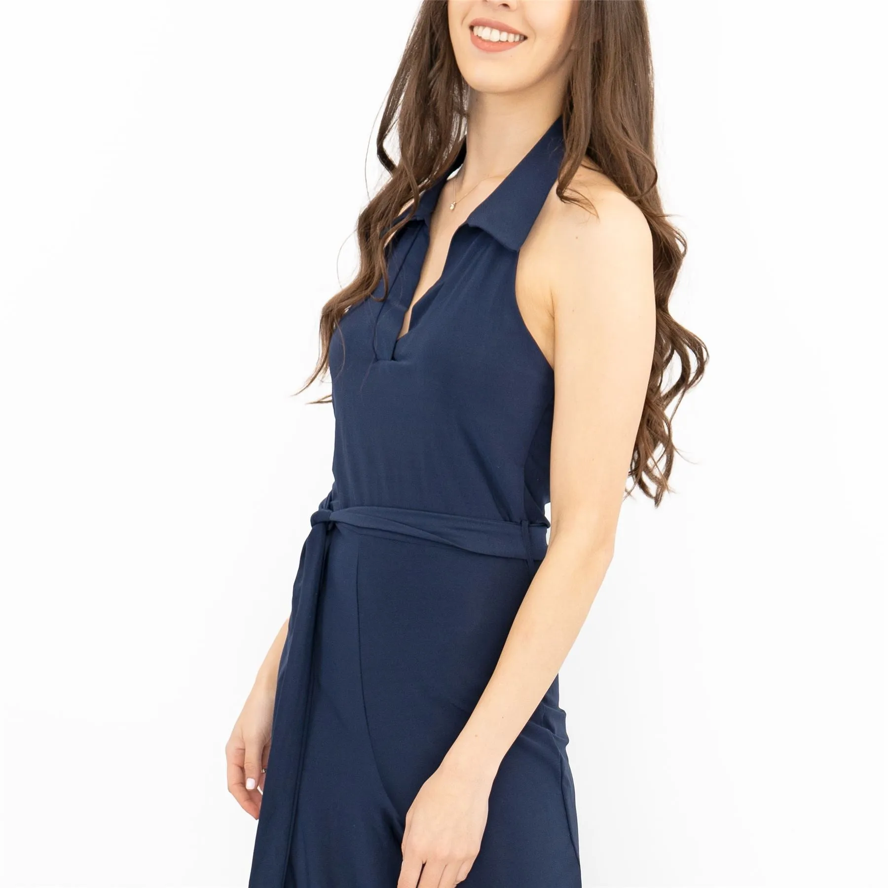 Karen Millen Navy Sleeveless Backless Wide Leg Jumpsuits