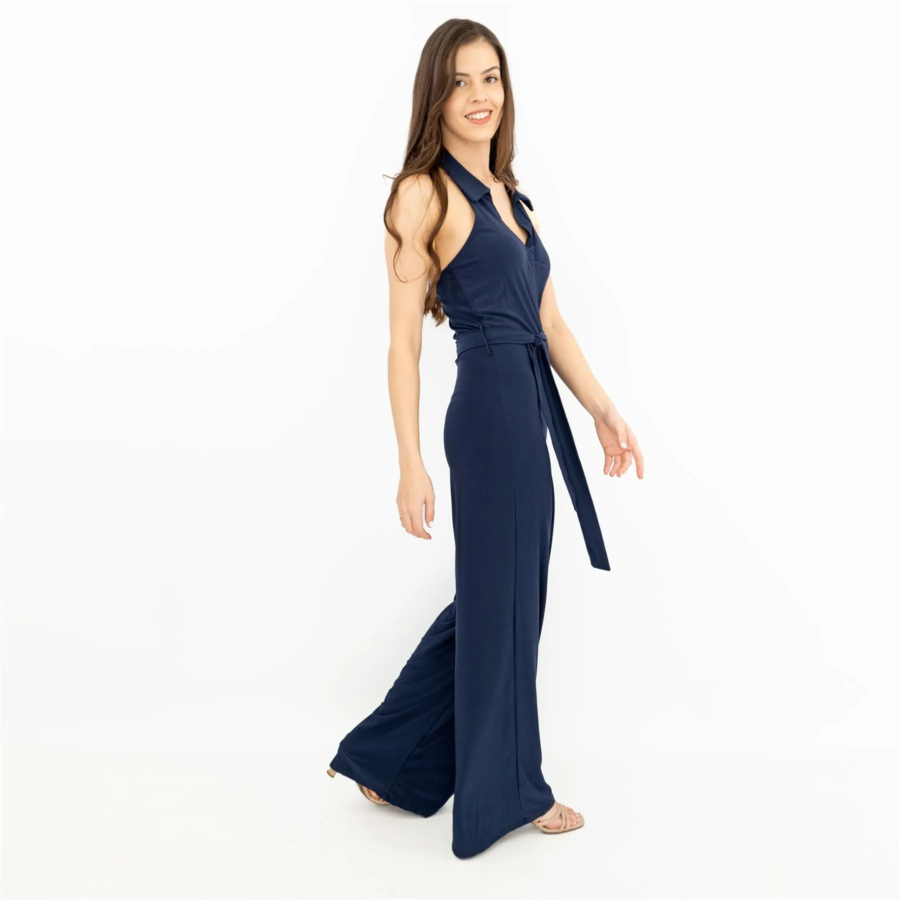 Karen Millen Navy Sleeveless Backless Wide Leg Jumpsuits