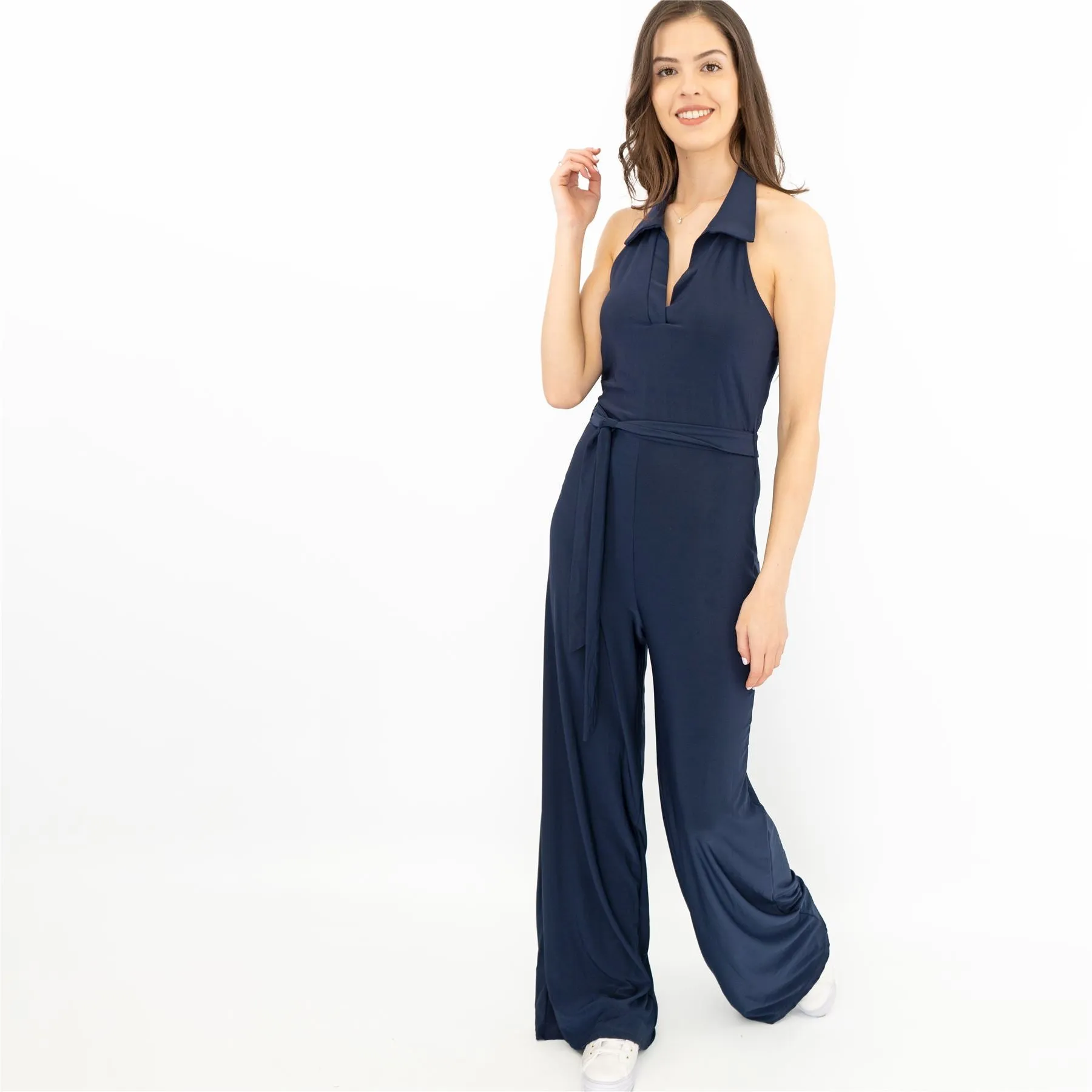 Karen Millen Navy Sleeveless Backless Wide Leg Jumpsuits