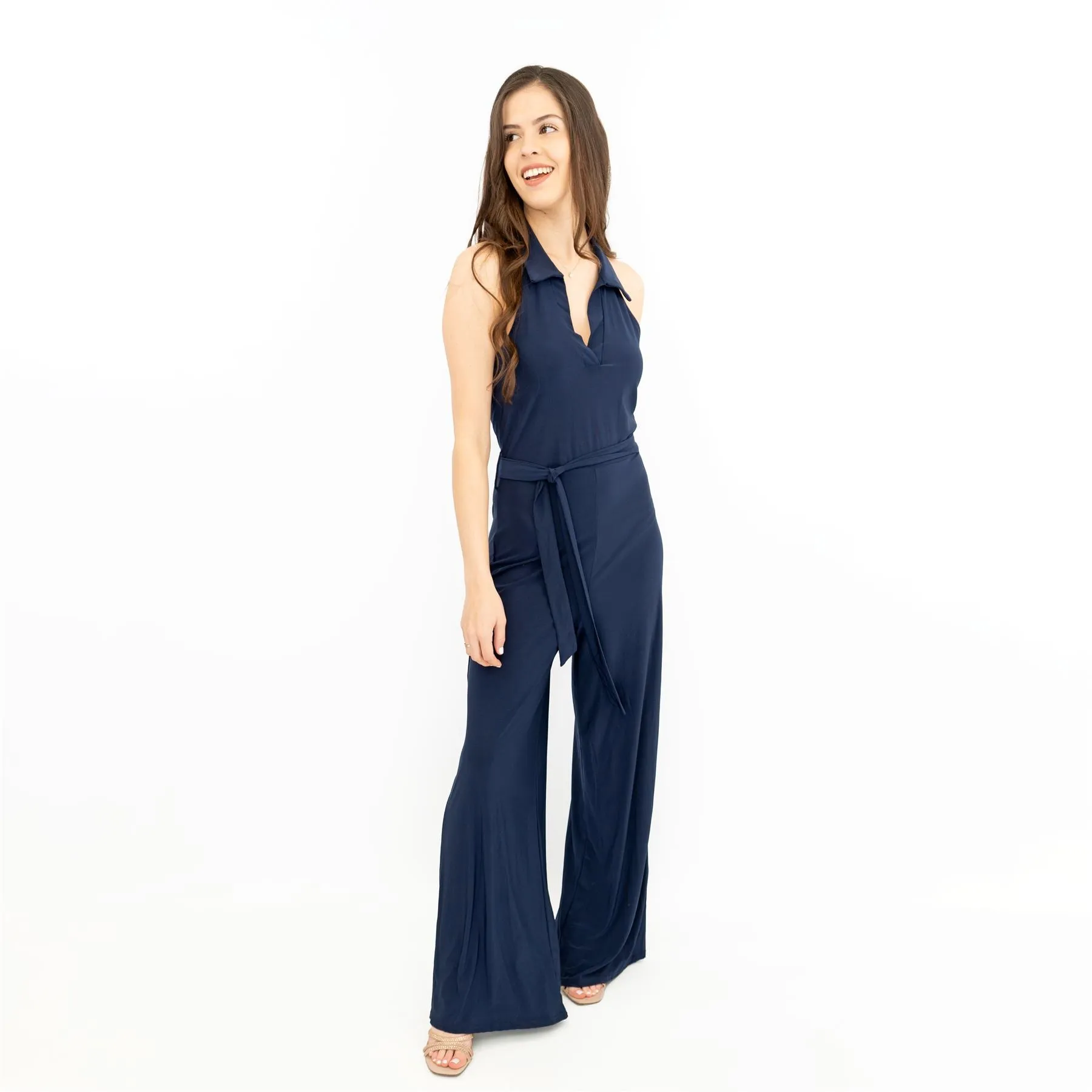 Karen Millen Navy Sleeveless Backless Wide Leg Jumpsuits