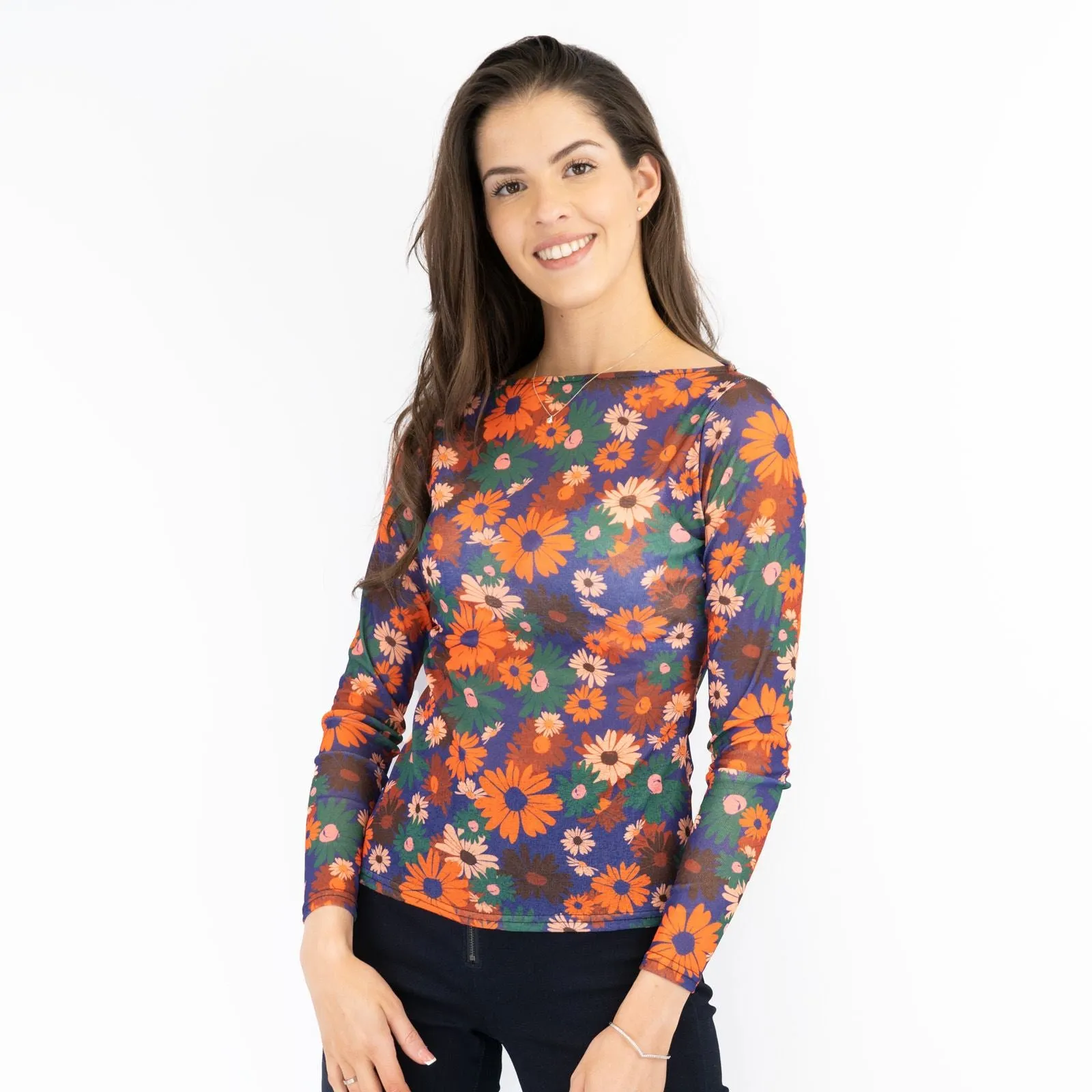 Karen Millen Orange Floral Boat Neck Long Sleeve Tops