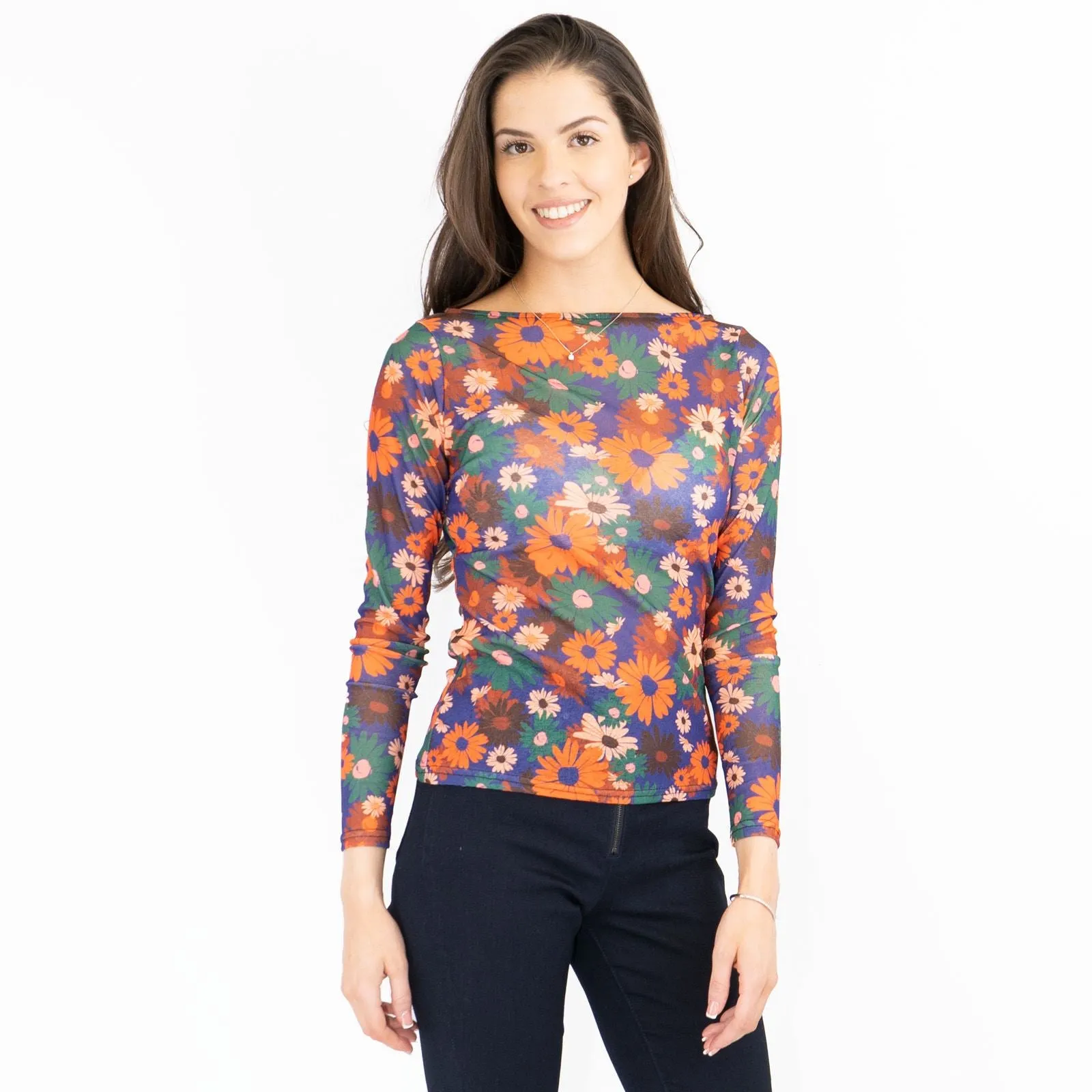 Karen Millen Orange Floral Boat Neck Long Sleeve Tops