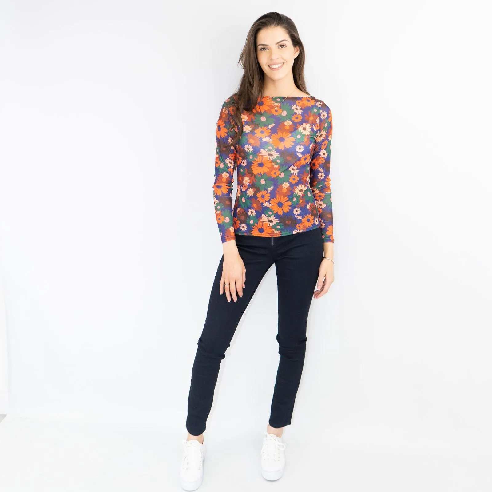 Karen Millen Orange Floral Boat Neck Long Sleeve Tops