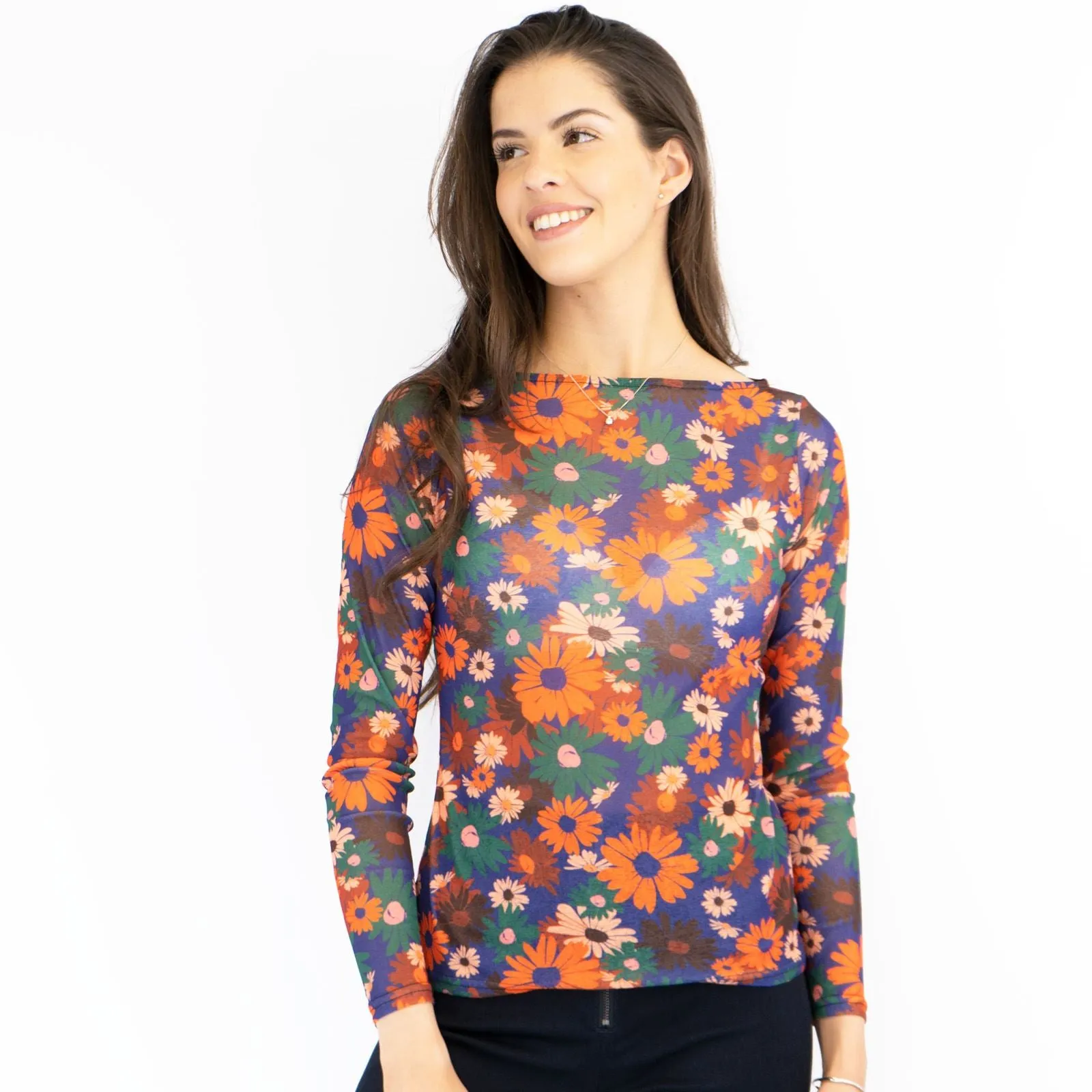 Karen Millen Orange Floral Boat Neck Long Sleeve Tops