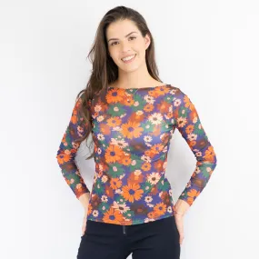 Karen Millen Orange Floral Boat Neck Long Sleeve Tops