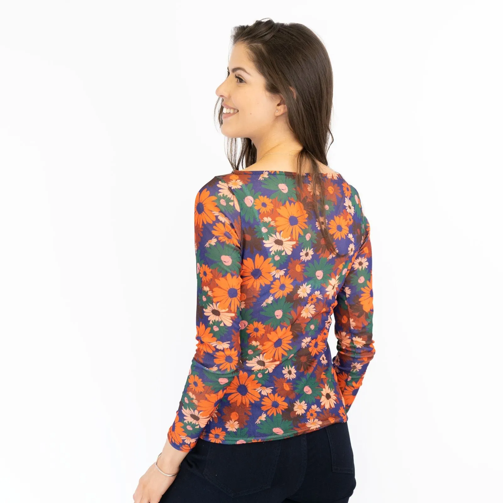 Karen Millen Orange Floral Boat Neck Long Sleeve Tops