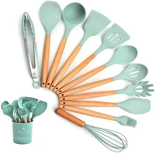 Kit com 12 Utensílios De Cozinha em Silicone e Madeira de Bamboo