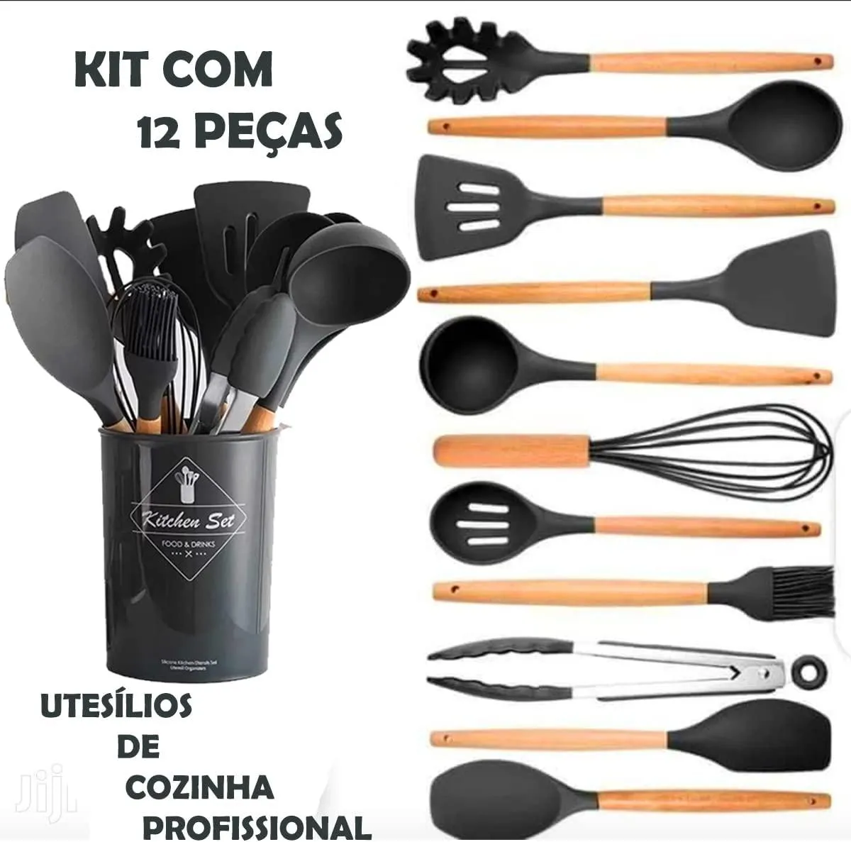 Kit com 12 Utensílios De Cozinha em Silicone e Madeira de Bamboo