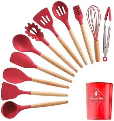 Kit com 12 Utensílios De Cozinha em Silicone e Madeira de Bamboo