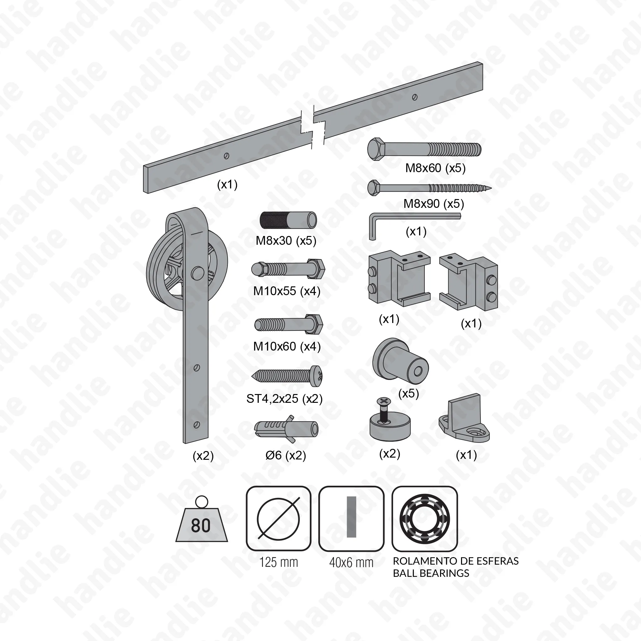 KIT.989.05 - Rustico Timber / SF - RUSTICO 80G  - até 80kg por porta - Portas até 1m - 1 Folha | SAHECO