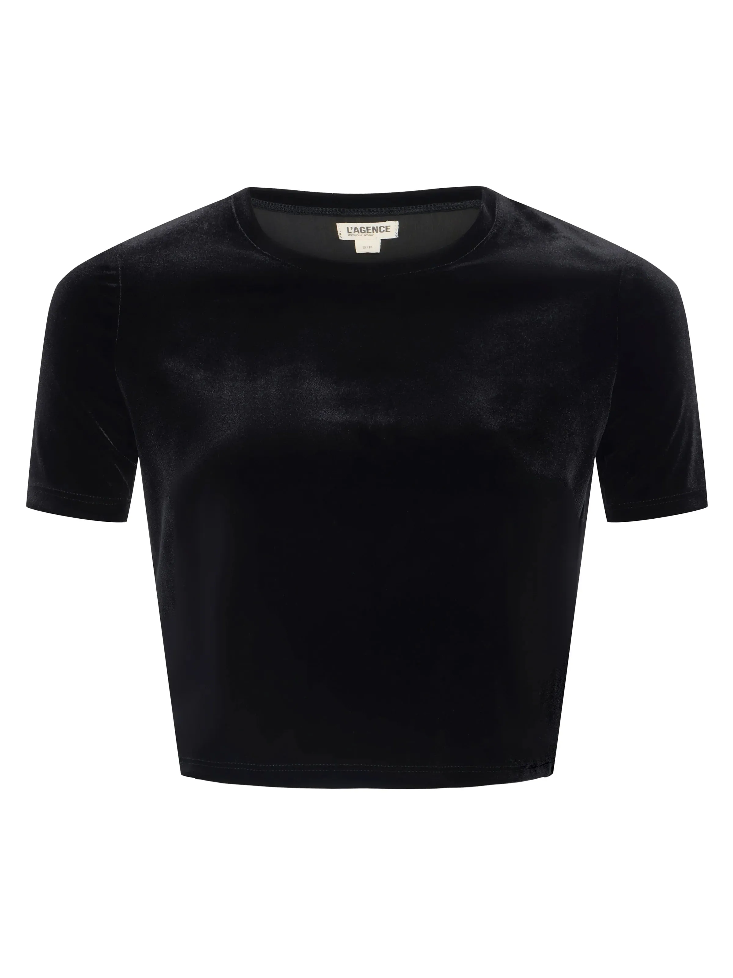 L'Agence Donna Short Sleeve Cropped Velvet Crew Tee in Black