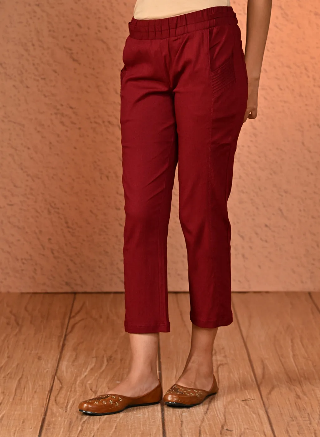 Maroon Plain Regular Capri