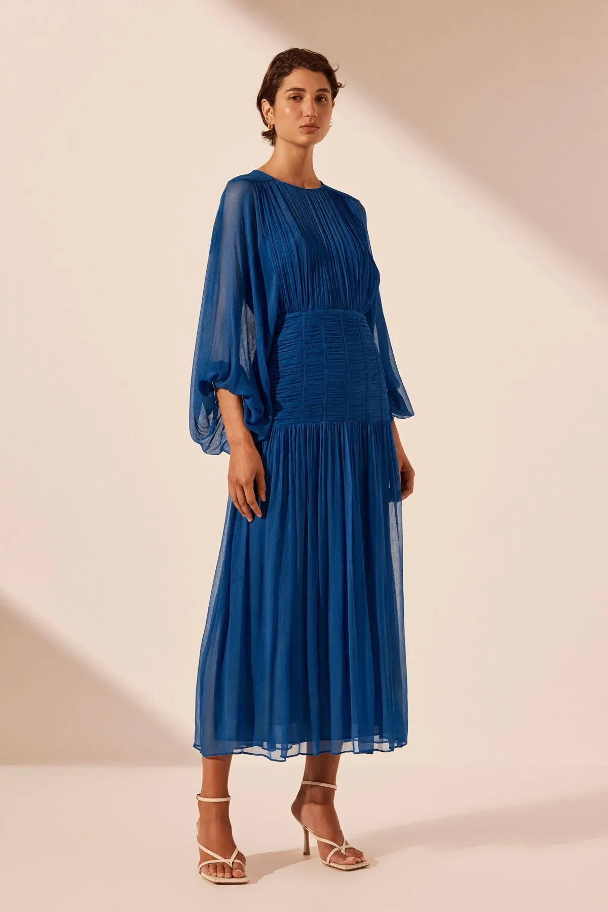 MAYA RUCHED PANELLED MIDI DRESS - STRONG BLUE