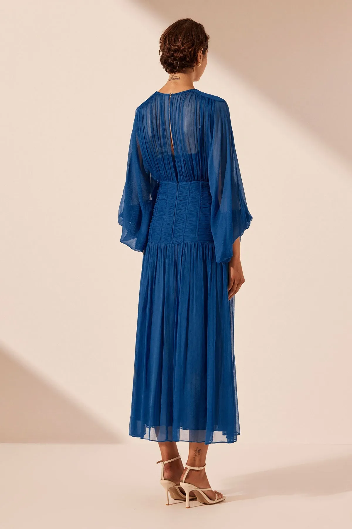 MAYA RUCHED PANELLED MIDI DRESS - STRONG BLUE