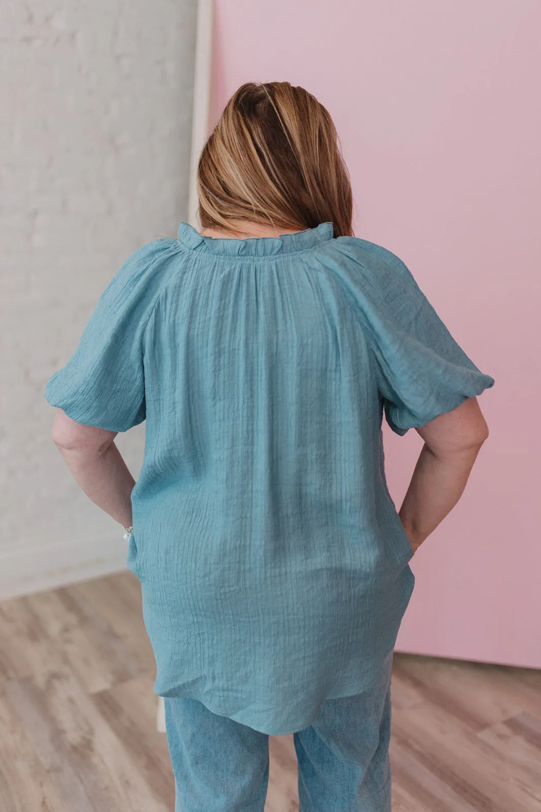 Meant For You Dusty Blue Ruffled Neck Top - Extended Sizes