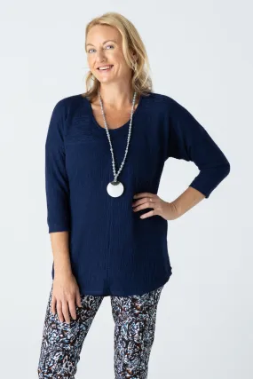 Navy Feature Stitched Poly/Rayon Knit 3/4 Sleeve Top