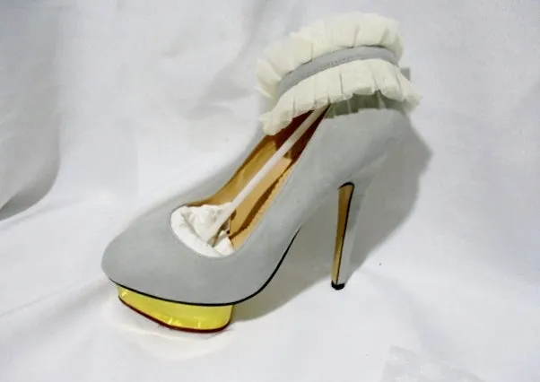 NEW CHARLOTTE OLYMPIA DOLLY PUMP RUFFLED ANKLET Shoe 36.5 6 GRAY GOLD