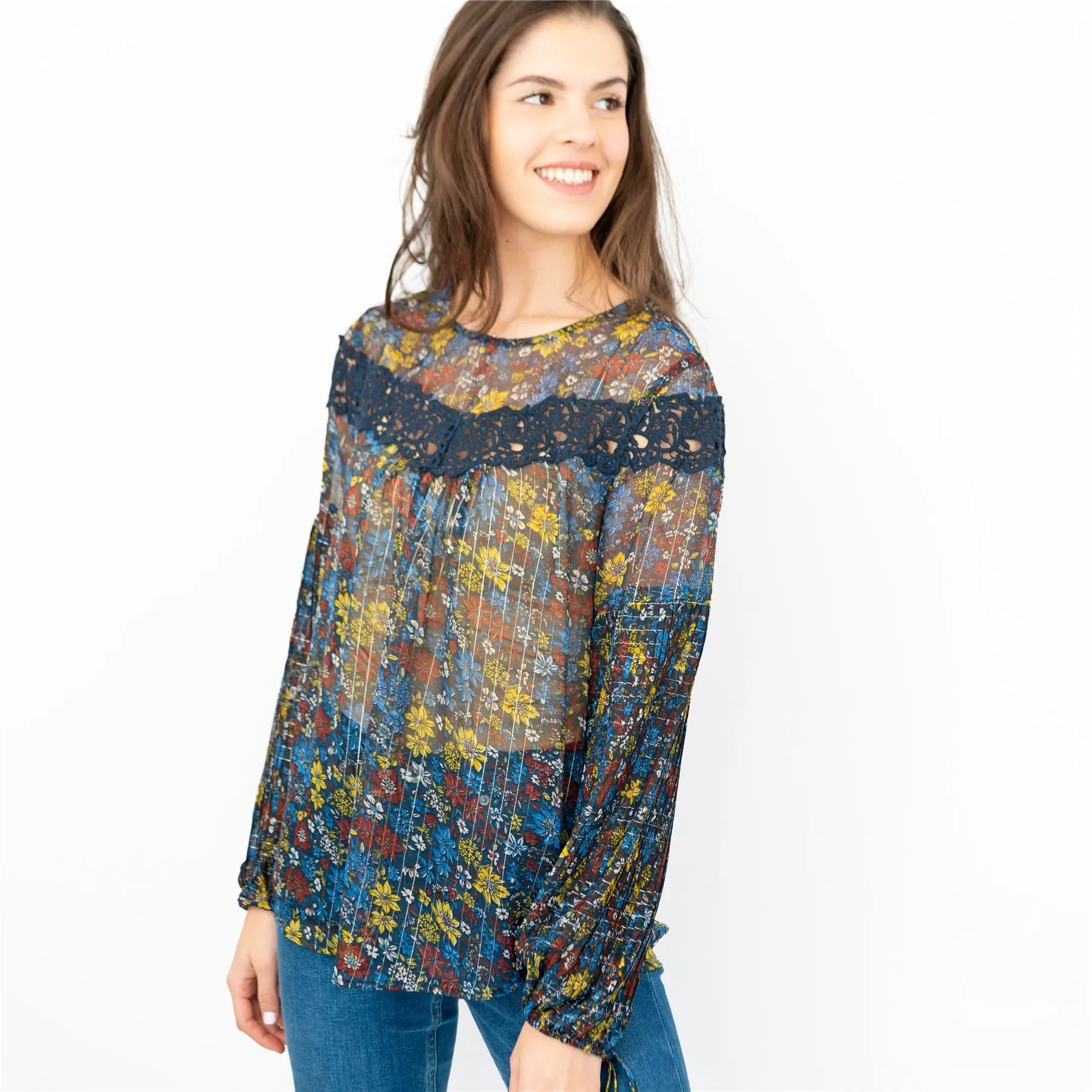 Next Blue Floral with Silver Thread Long Sleeve Lightweight Relaxed Fit Blouses