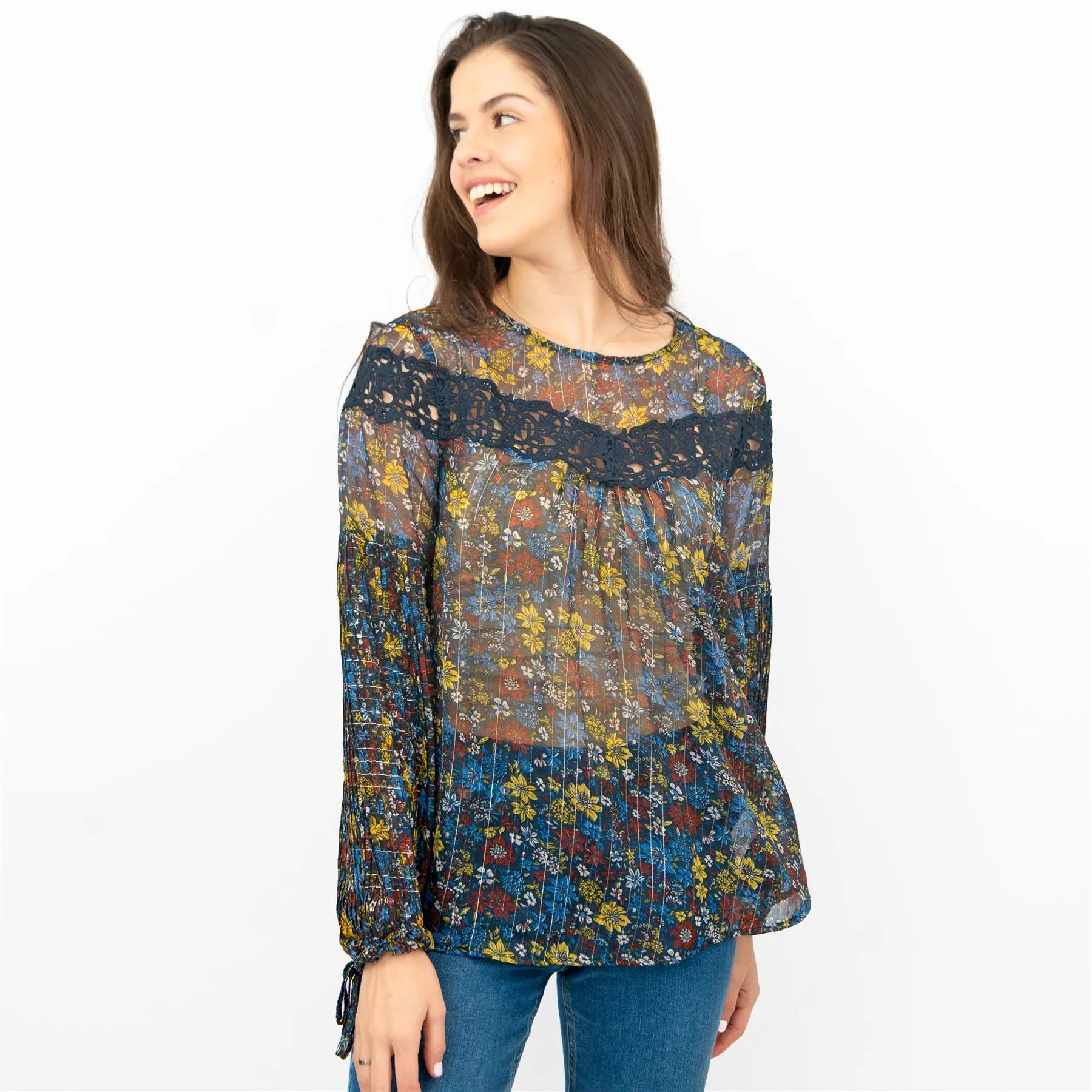 Next Blue Floral with Silver Thread Long Sleeve Lightweight Relaxed Fit Blouses