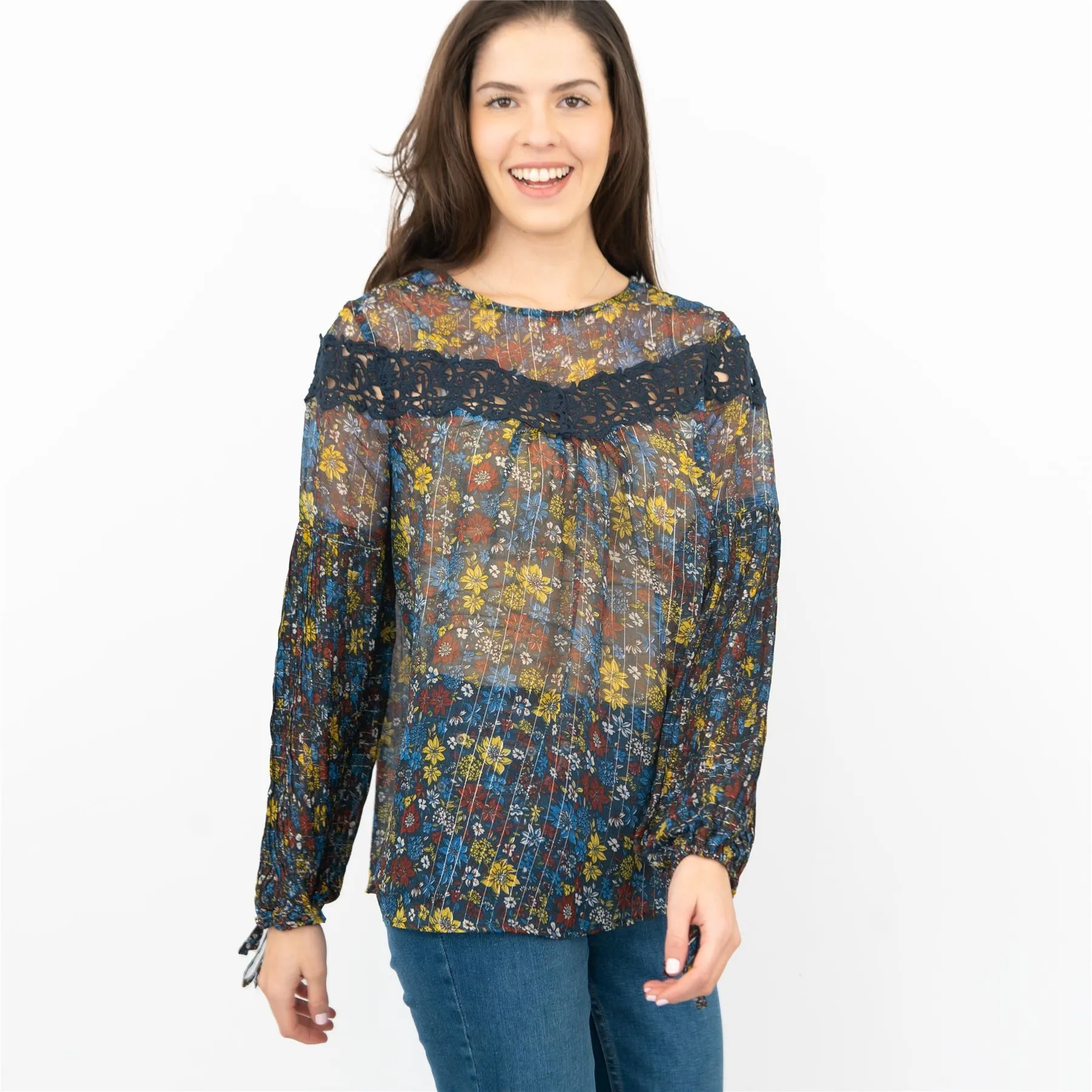 Next Blue Floral with Silver Thread Long Sleeve Lightweight Relaxed Fit Blouses