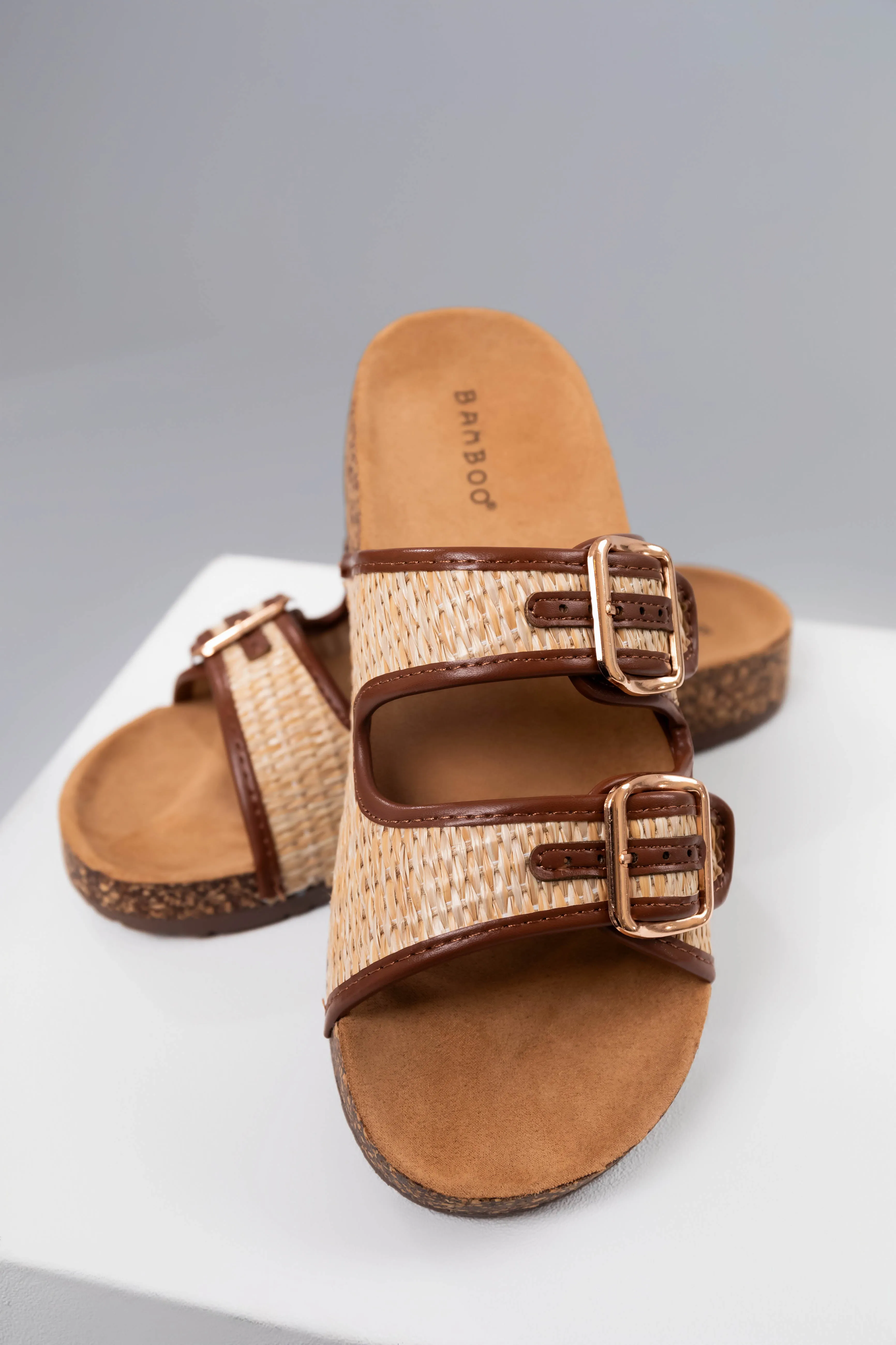 Sand Raffia Woven Cork Slide Sandals