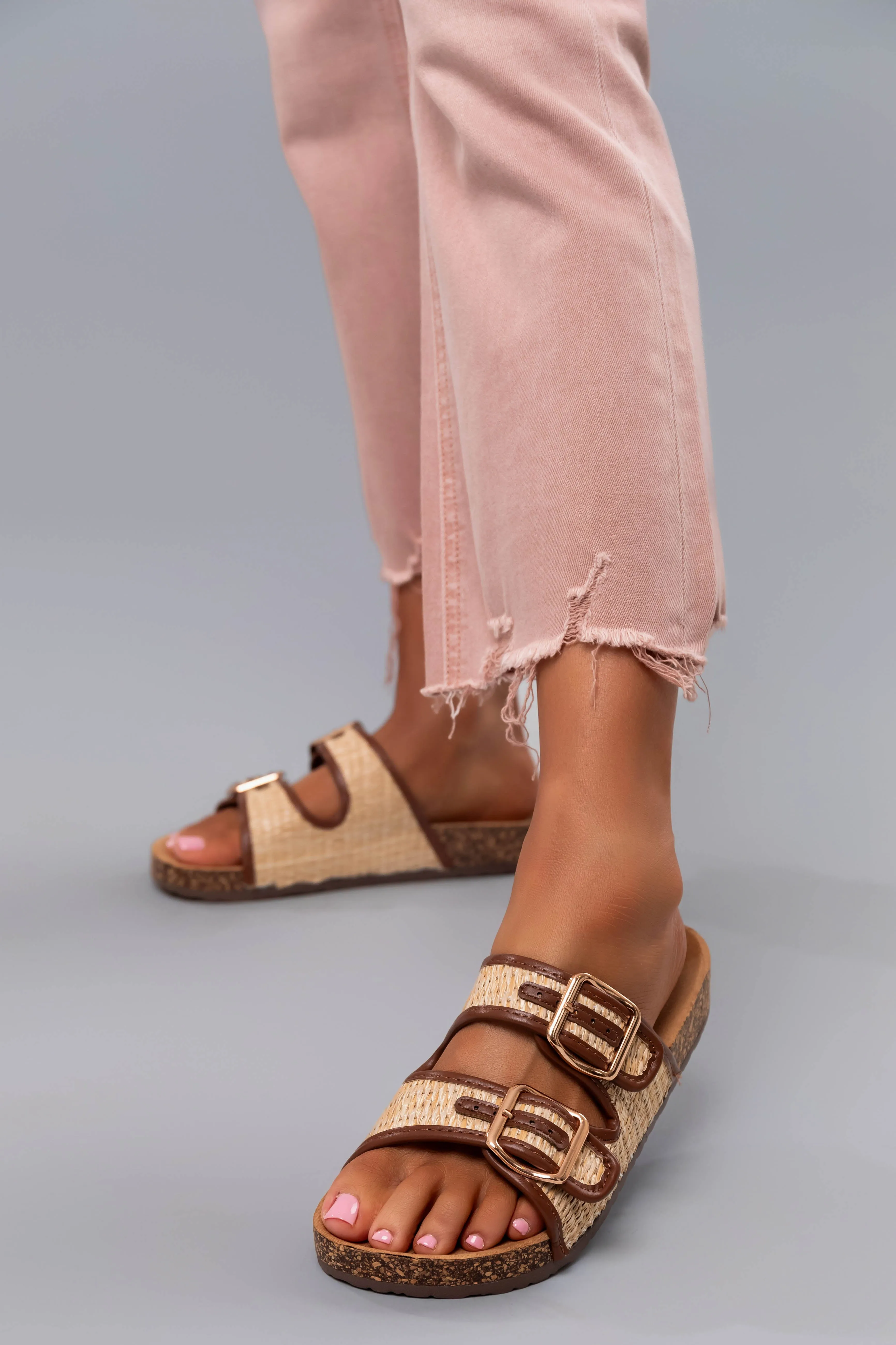 Sand Raffia Woven Cork Slide Sandals