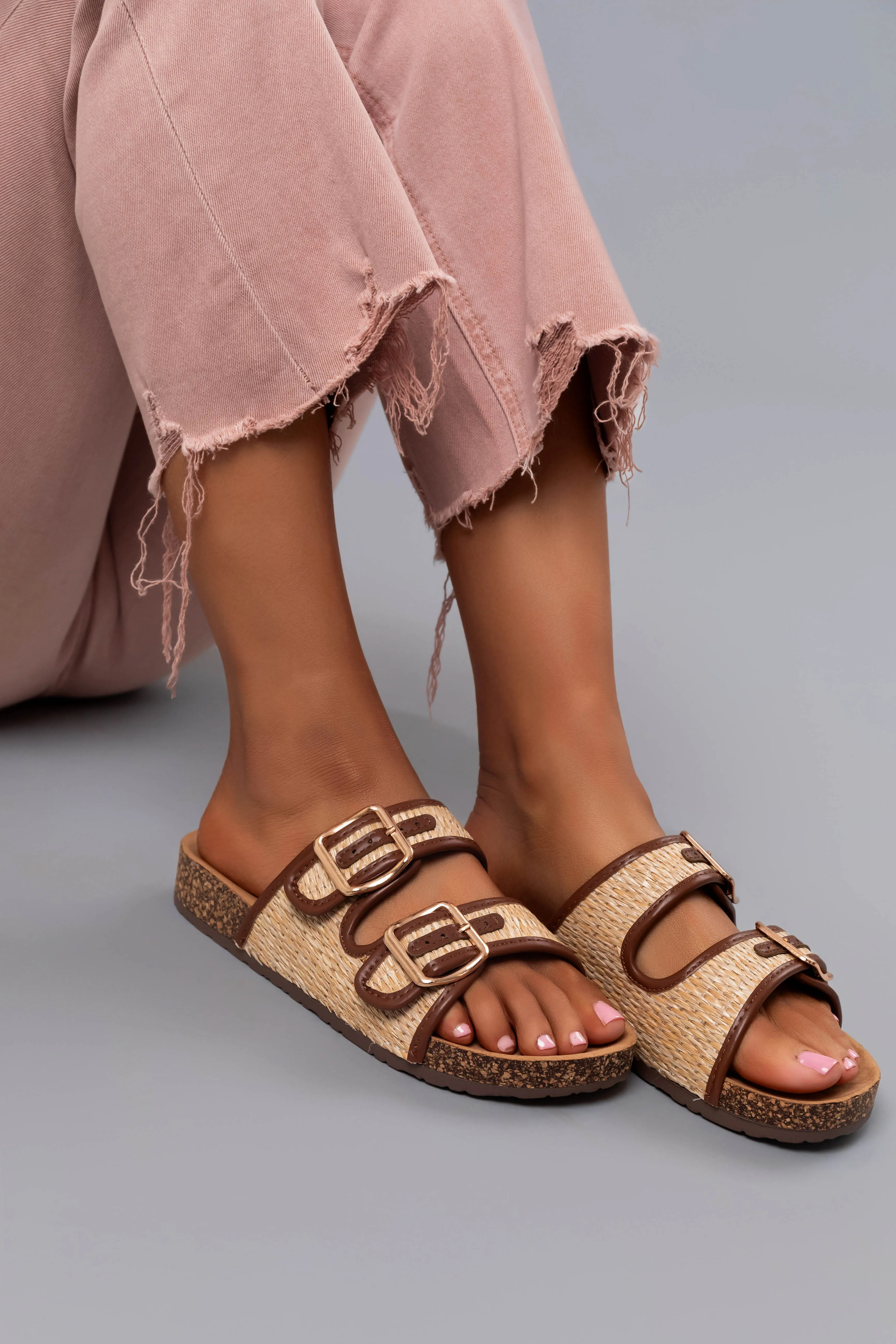 Sand Raffia Woven Cork Slide Sandals