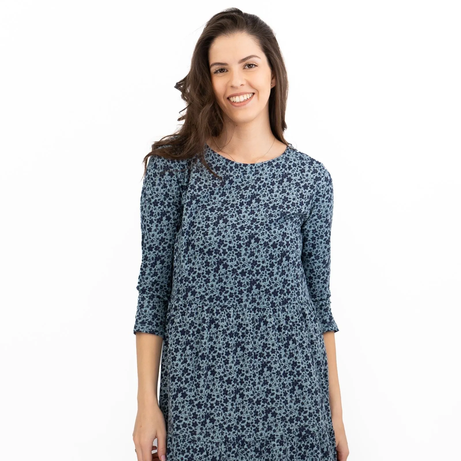 Seasalt Womens Blue Floral Jersey Line Strokes Dress 3/4 Sleeves