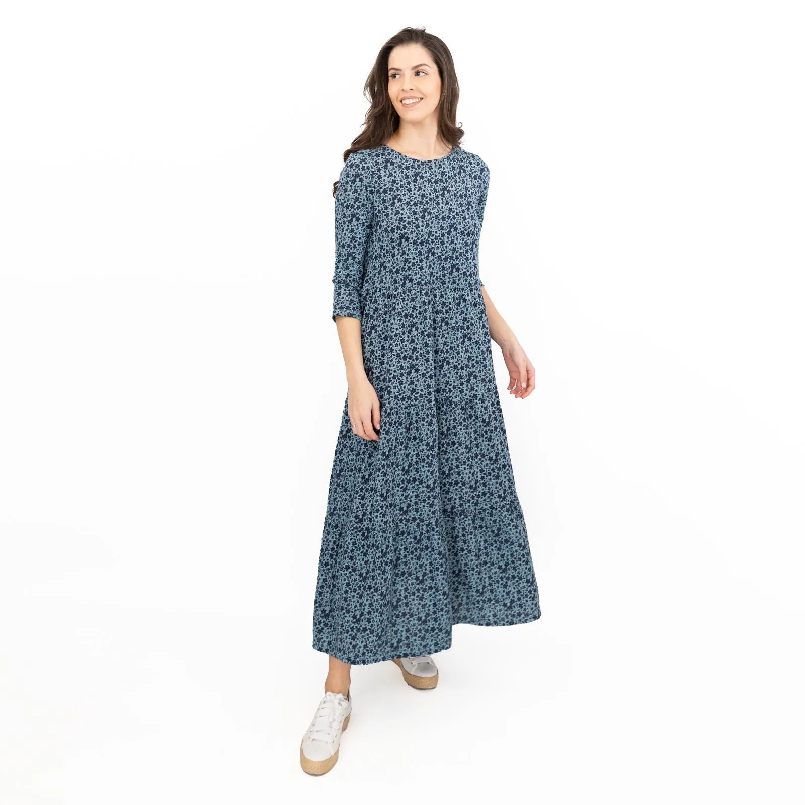 Seasalt Womens Blue Floral Jersey Line Strokes Dress 3/4 Sleeves