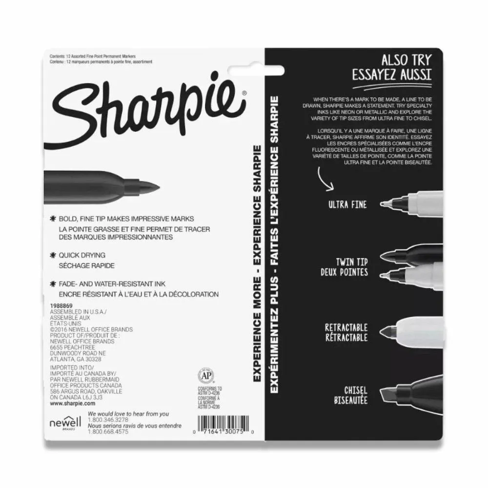 Sharpie - Permanent Markers Fine Tip Multicolored - 12 Count - 12 Pack